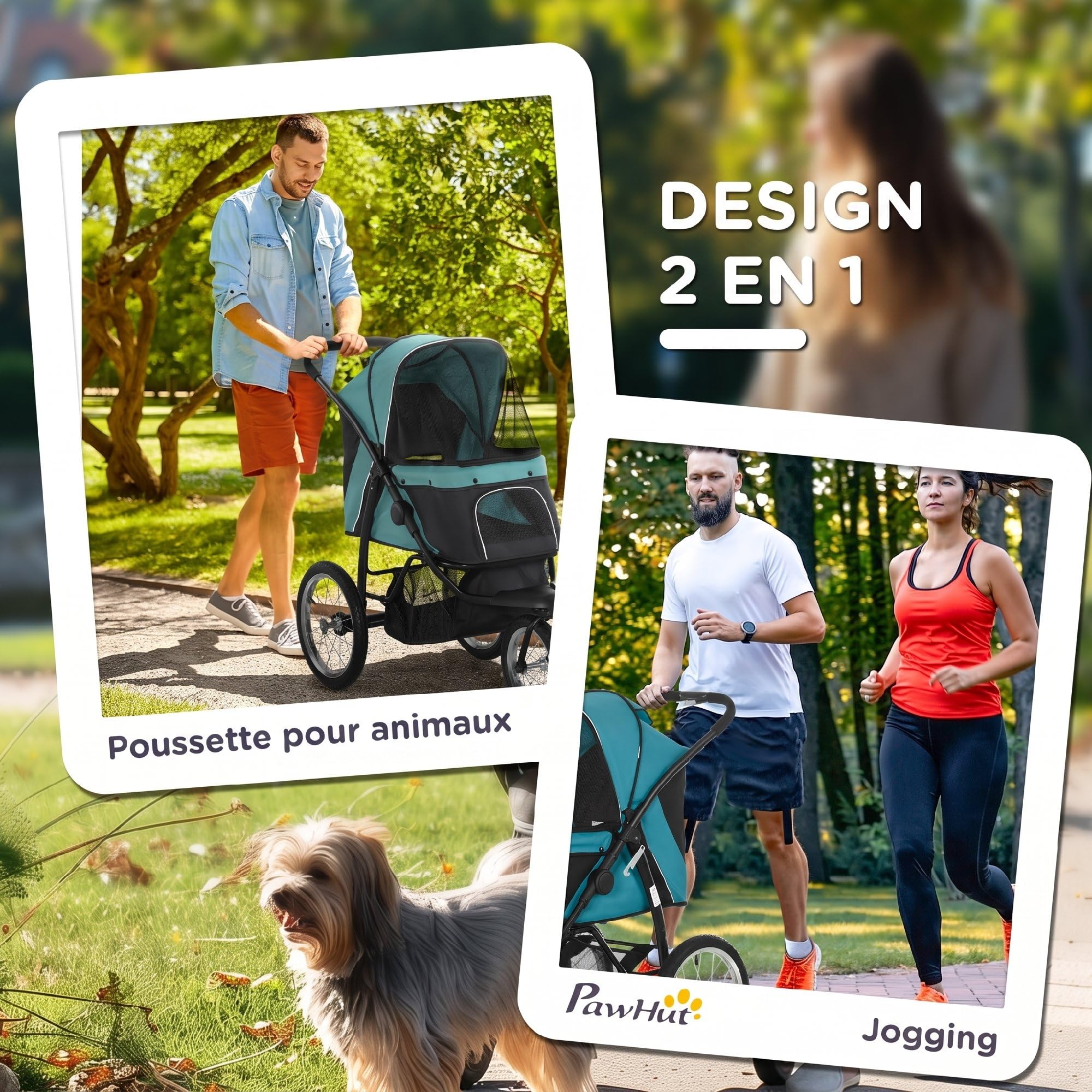 PawHut Poussette pour Chien Pliable Tout Terrain - Chariot pour Chien | 3 Grandes Roues en Caoutchouc,Poussette Chat,Roue Avant Verrouillable pour Jogging,Auvent Réglable,Bandes Réfléchissantes