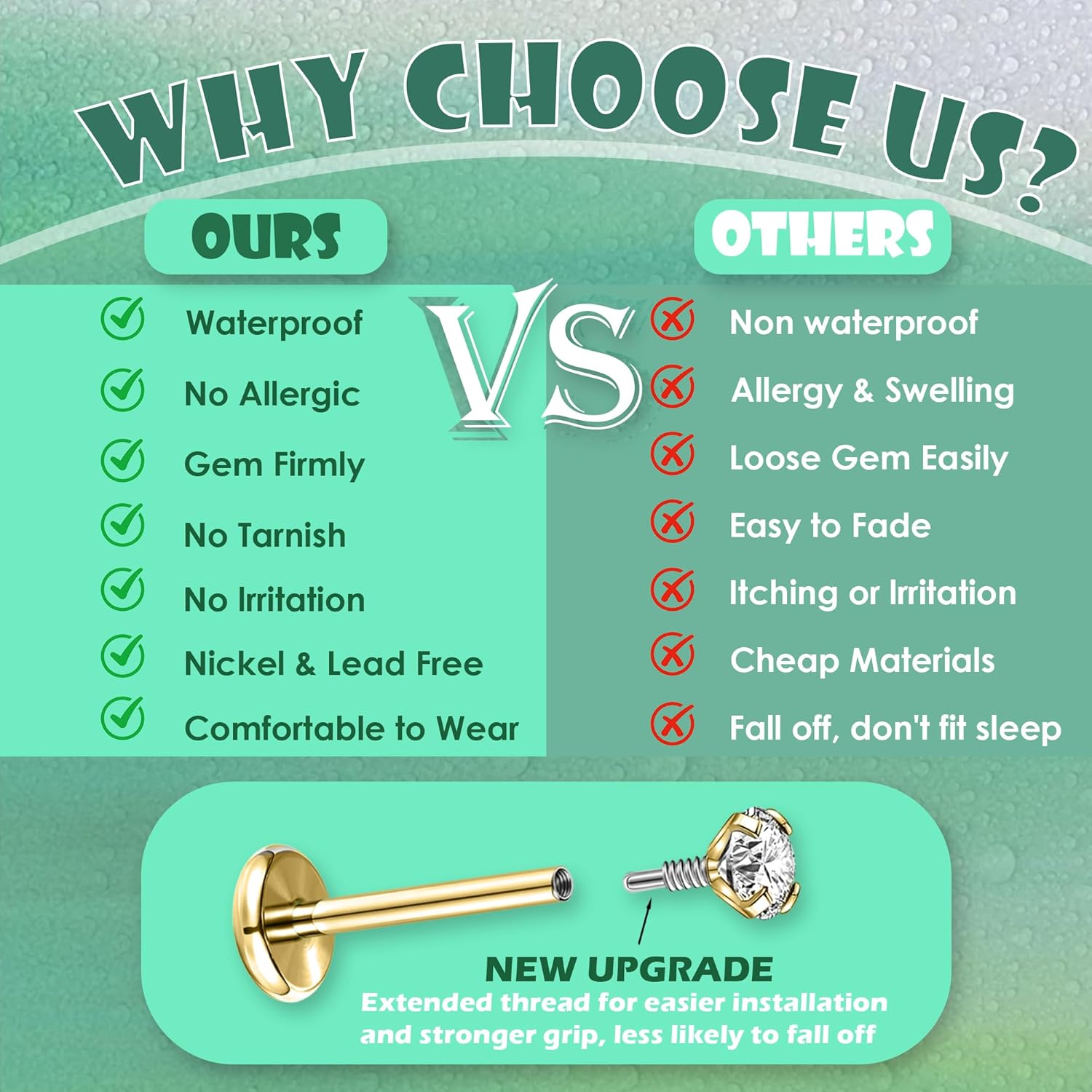 18PCS 16G 18G Internal Thread Nose Stud Flat Back Earrings Studs for Women Hypoallergenic Surgical Steel Labret Cartilage Lip Rings Tragus Helix Conch Piercing Jewelry - Image 4