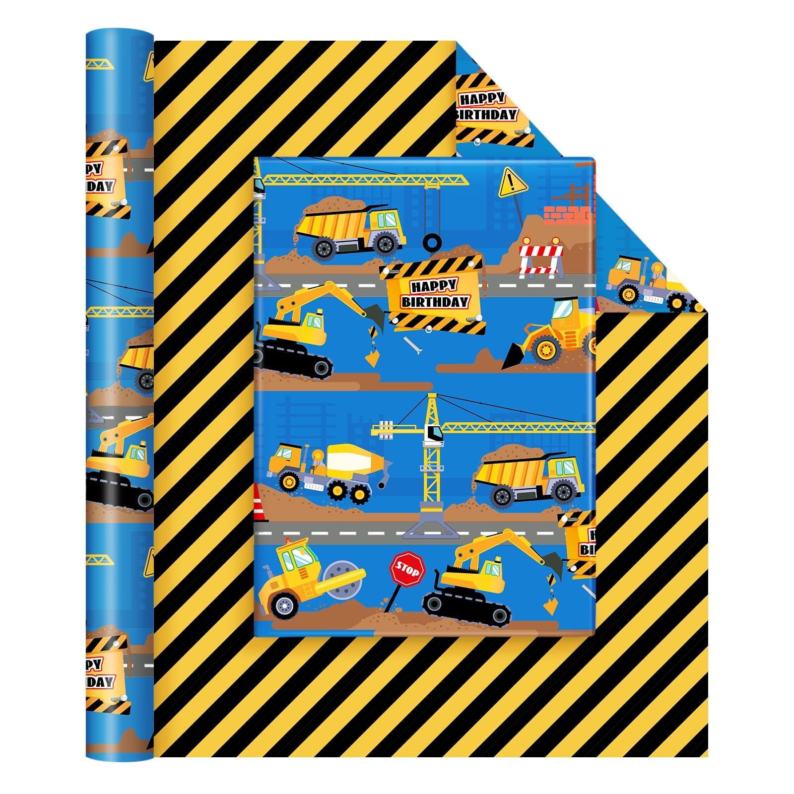 WERNNSAI Construction Wrapping Paper - 1 Roll Construction Birthday Wrapping Paper for Kids Boys Blue Truck Gift Wrap Yellow Car Birthday Present Packing Decoration with Reversible Design 43cm X 10m — image 1