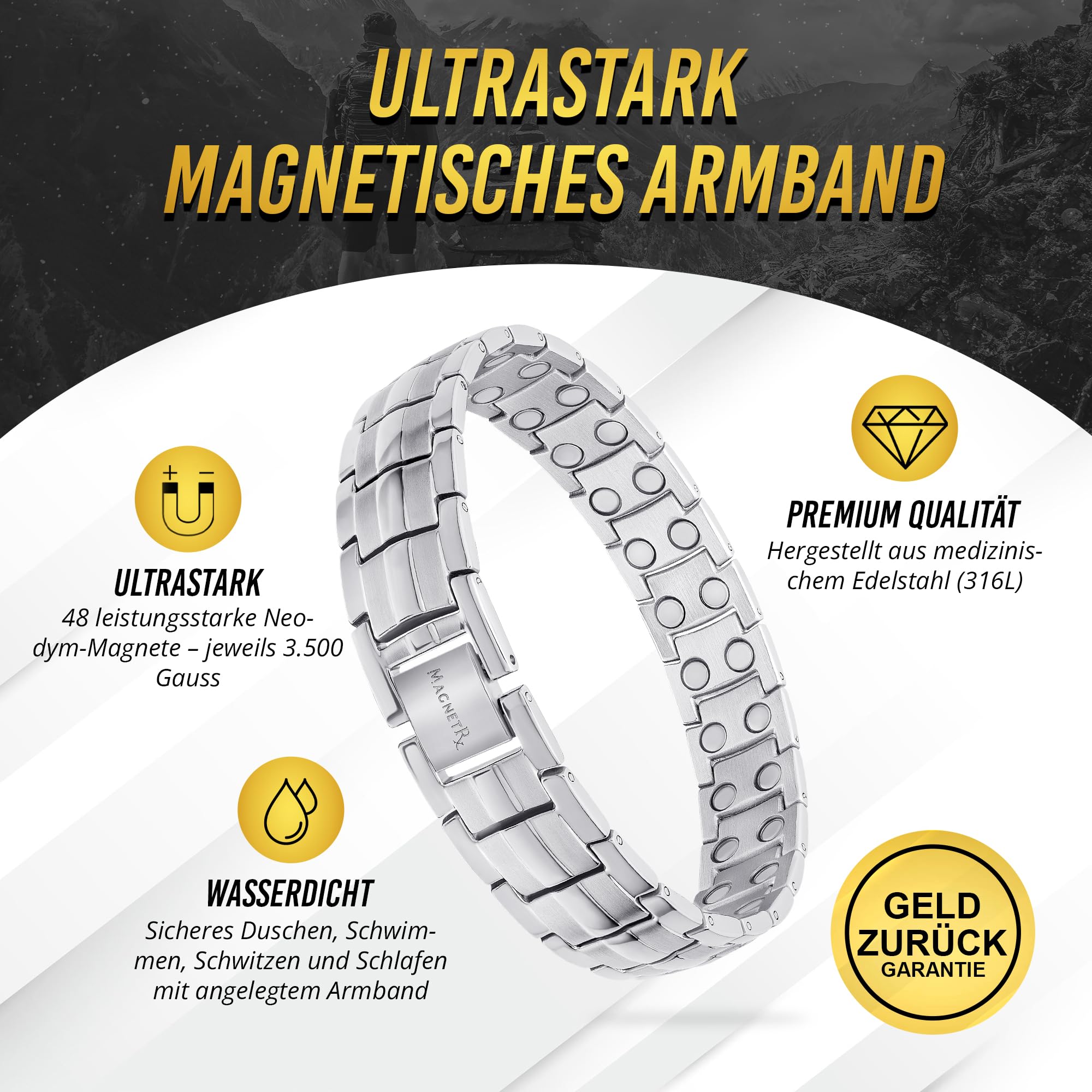 MagnetRX® Ultrastarkes Magnetarmband – Magnetbänder für Herren – Herrenarmband längenverstellbar mit Größenbestimmungswerkzeug (Silber)