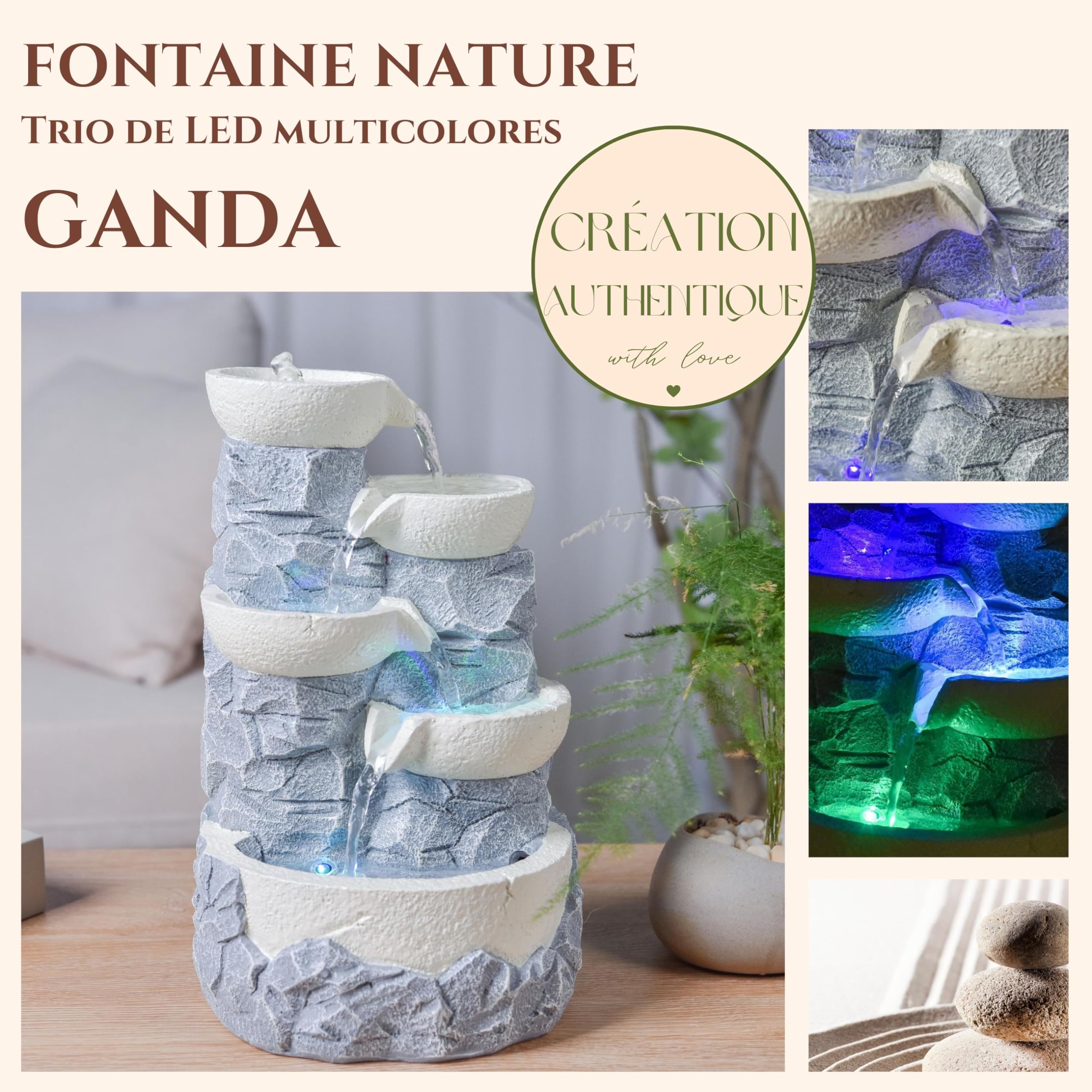 Fontana interna a cascata a 4 livelli, effetto pietra naturale, luce LED colorato, decorazione per interni Zen e riposante, fontana da tavolo, idea regalo eccezionale, H 31 cm – Ganda Zen'Light