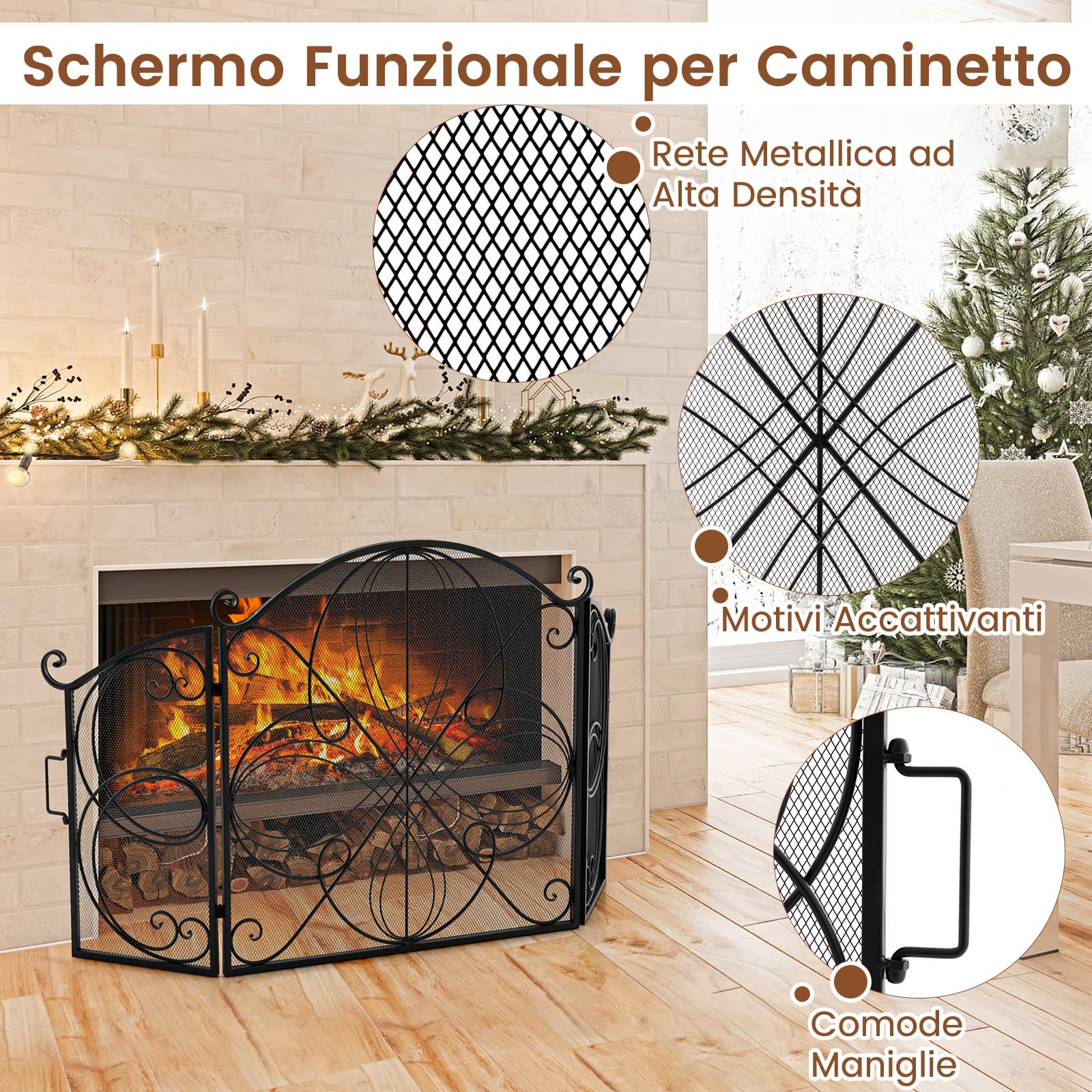 COSTWAY Parascintille per Camino 151 x 83 cm, Paraschizzi Pieghevole a 3 Ante con Motivo Floreale, Barriera Decorativa in Rete Metallica per Camino da Soggiorno
