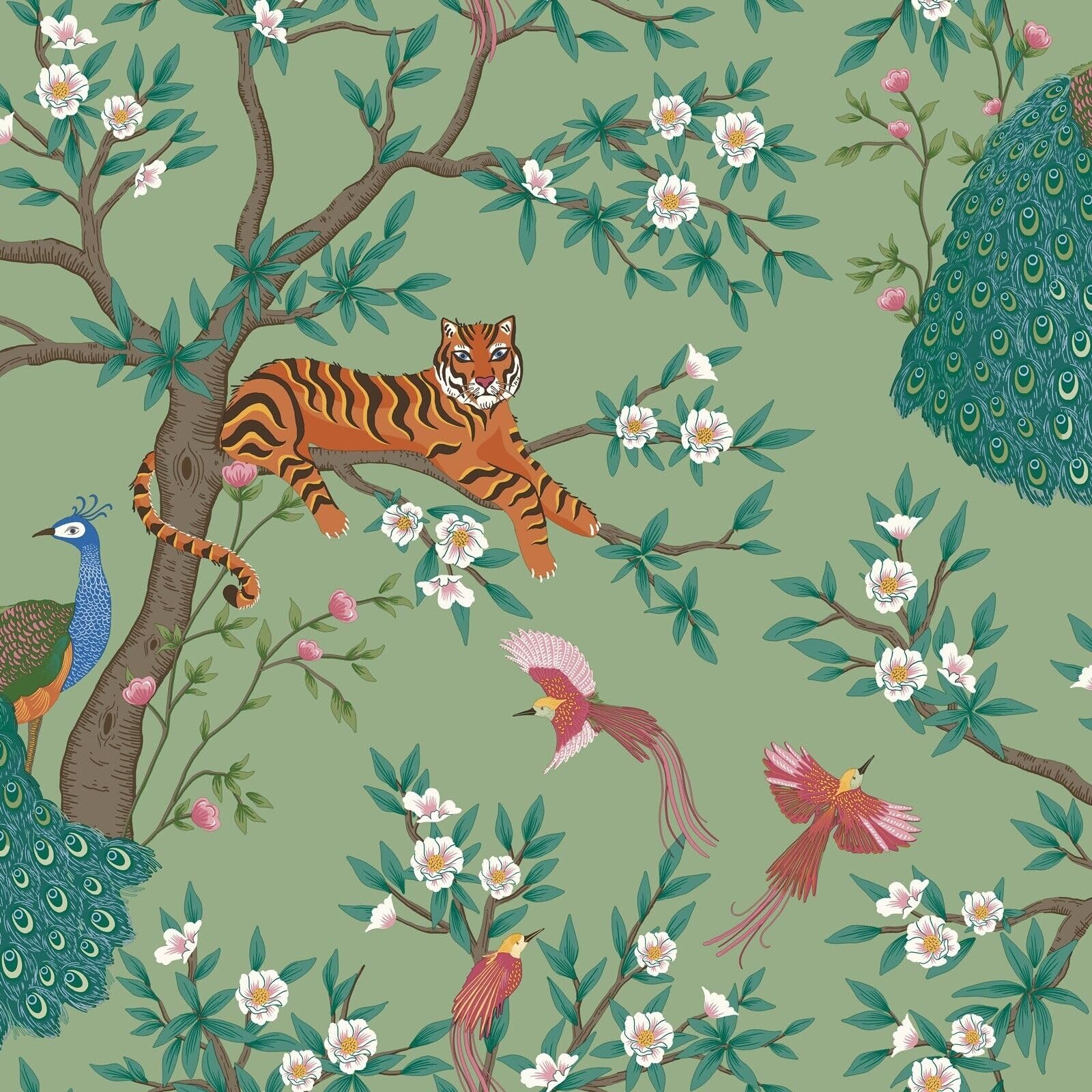 Sophie Laurence Sage Tropical Wallpaper Tiger Birds Peacock Trees Floral Exotic Jungle - Stylish, Washable, Strippable - Paste The Paper Feature Wallpaper (, Sample)