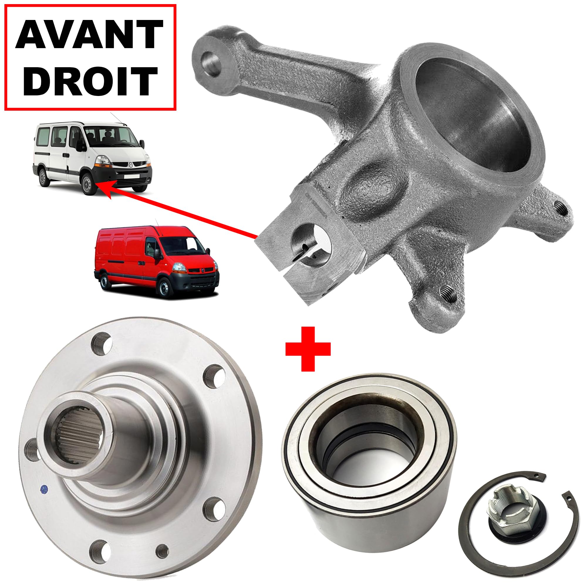 Kit Réparation AVEC Porte Fusée ET Moyeu ET Roulement de Roue Avant Droit 24 mm compatible pour INTERSTAR X70 MOVANO A X70 MASTER II - 7701206740 4403023 9111023