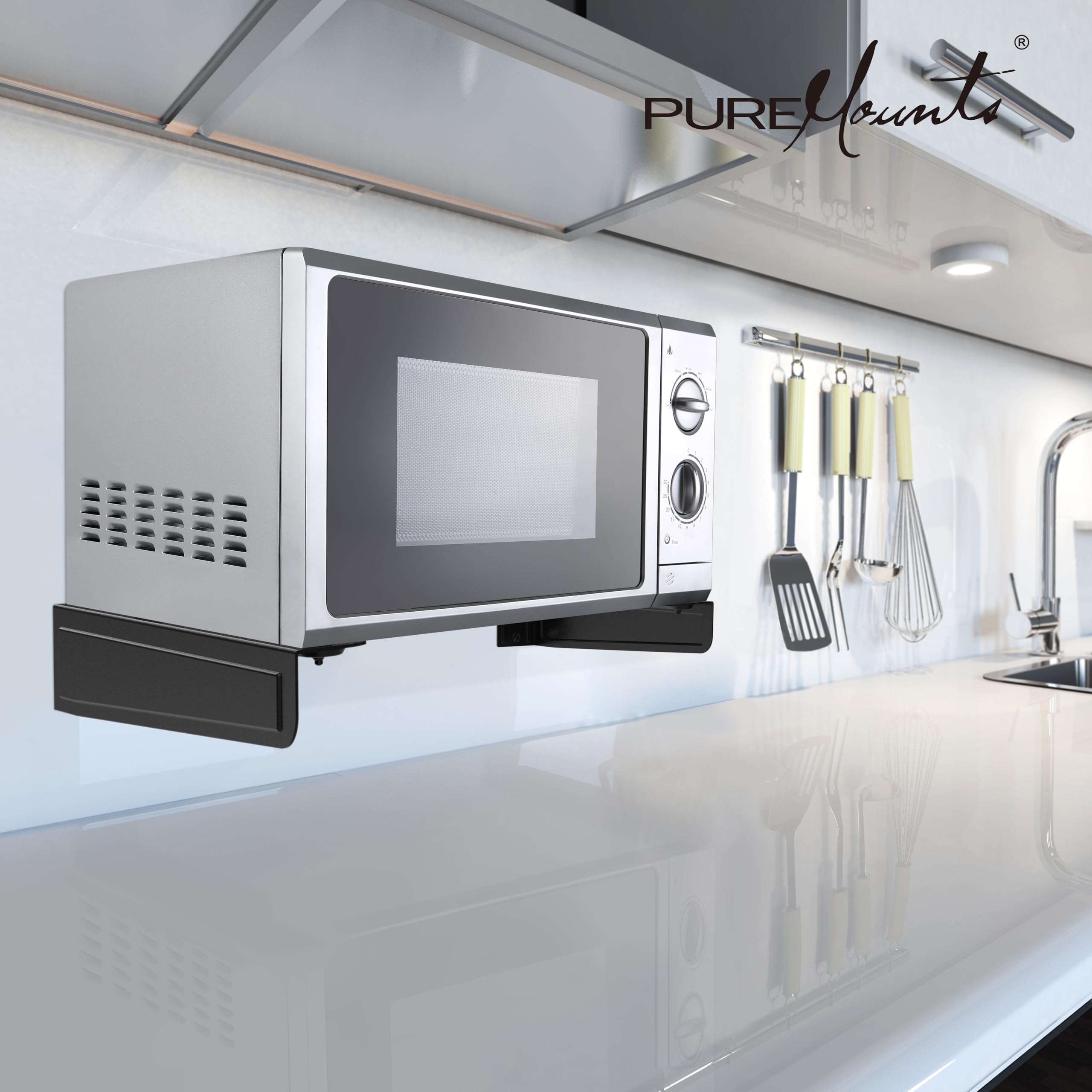 PureMounts Uchwyt do kuchenki mikrofalowej, uchwyt ścienny, uniwersalny uchwyt do kuchenki mikrofalowej i kuchenki mikrofalowej do 35 kg, uchwyt ścienny do kuchenki mikrofalowej, czarny