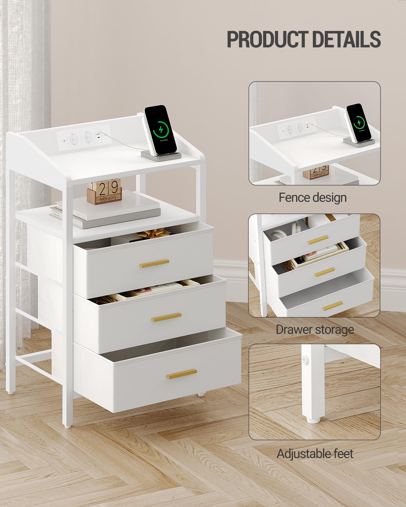 Hzuaneri Mesillas de Noche Juego de 2, con Luces LED y Estación de Carga, Mesa Auxiliar con 3 Cajones de Almacenamiento de Tela, Puertos USB y Enchufe Tipo C, para Dormitorio, Blanco NS35513W
