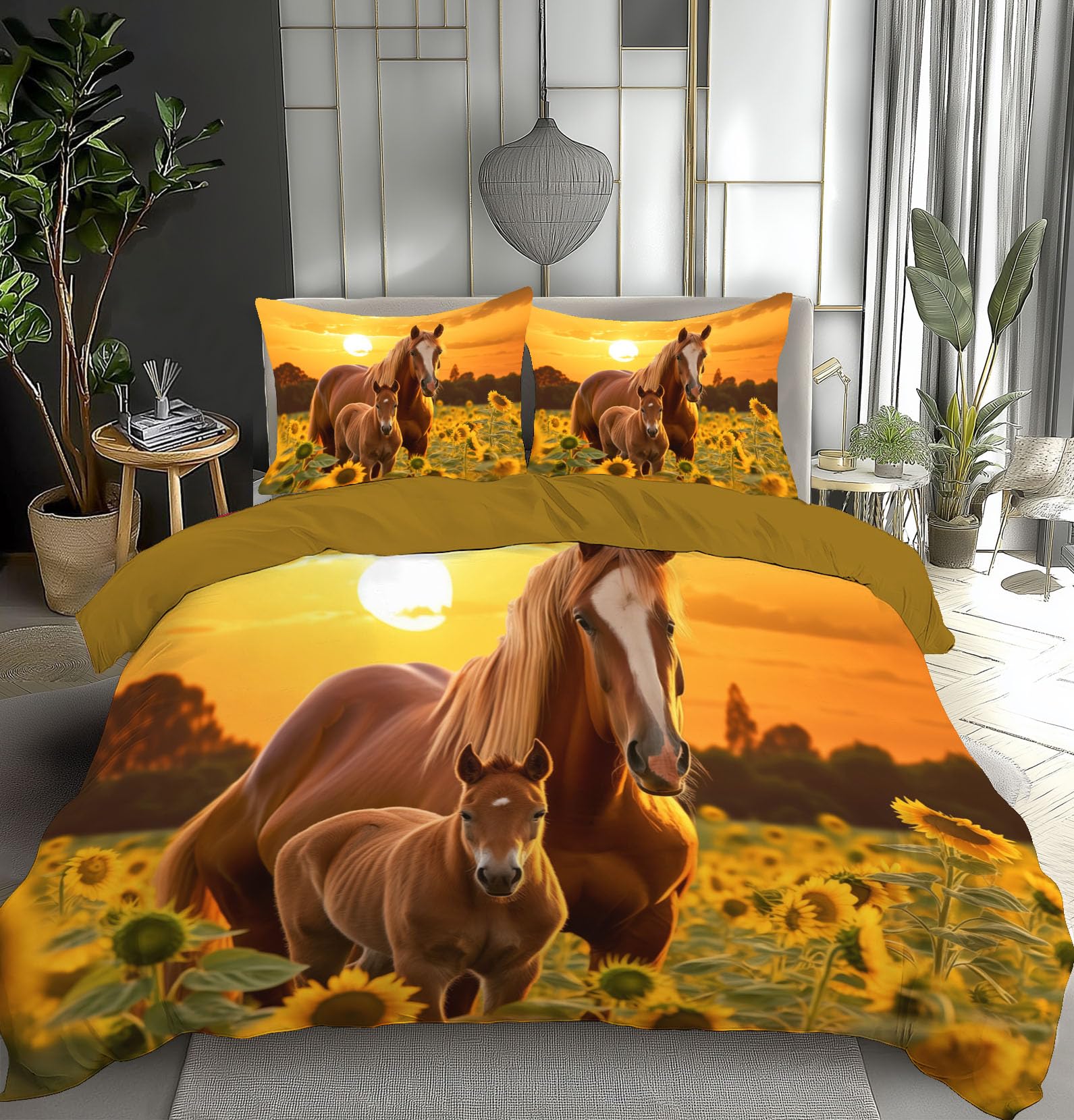 Housse de couette 240x260cm chevaux avec taies 65x65 anti-plis en microfibre