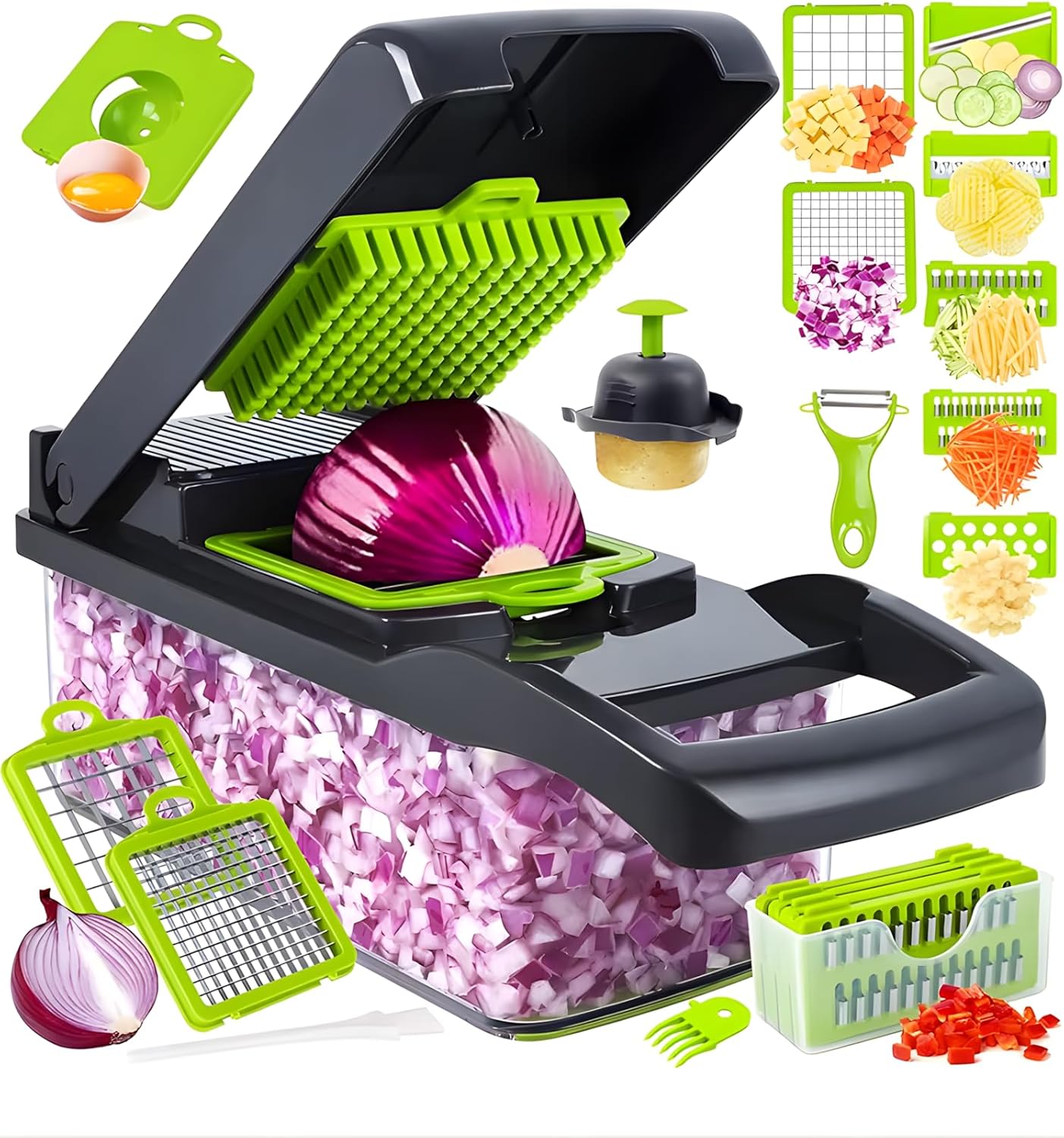 Kitchen Accessories 14 in 1 multifunctional vegetable and fruit cutter with Container,Onion Chopper Mandoline Slicer,Home and Kitchen Essentials,food Slicer for Salad,Garlic Chopper Green/Gray Kitchen Accessories 14 in 1 multifunctional vegetable and fruit cutter with Container,Onion Chopper Mandoline Slicer,Home and Kitchen Essentials,food Slicer for Salad,Garlic Chopper Green/Gray