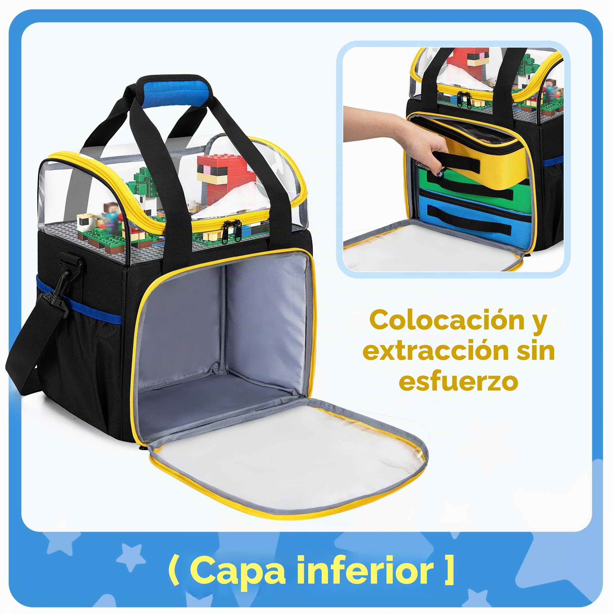 Rexmica 4 Piezas Bolsas Guardar Juguetes, Doble Capa Bolsa para Transportar | para Bloques Construcción, Piezas Magnéticas, Juegos de Mesa y Otros Juguetes, Contenedores de Almacenamiento Juguete, Negro