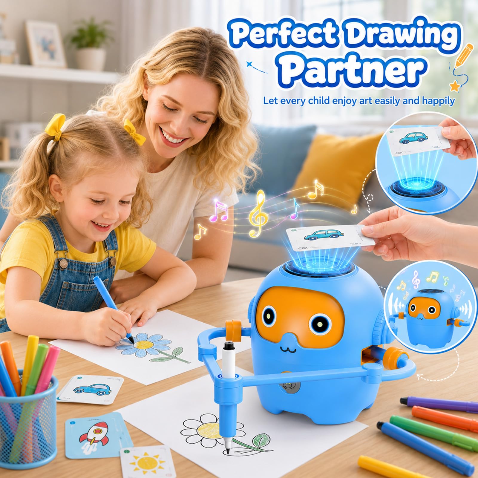 Robot de Dibujo para Niños con Guía de Voz, 25 NFC Tarjetas, 12 Rotuladores