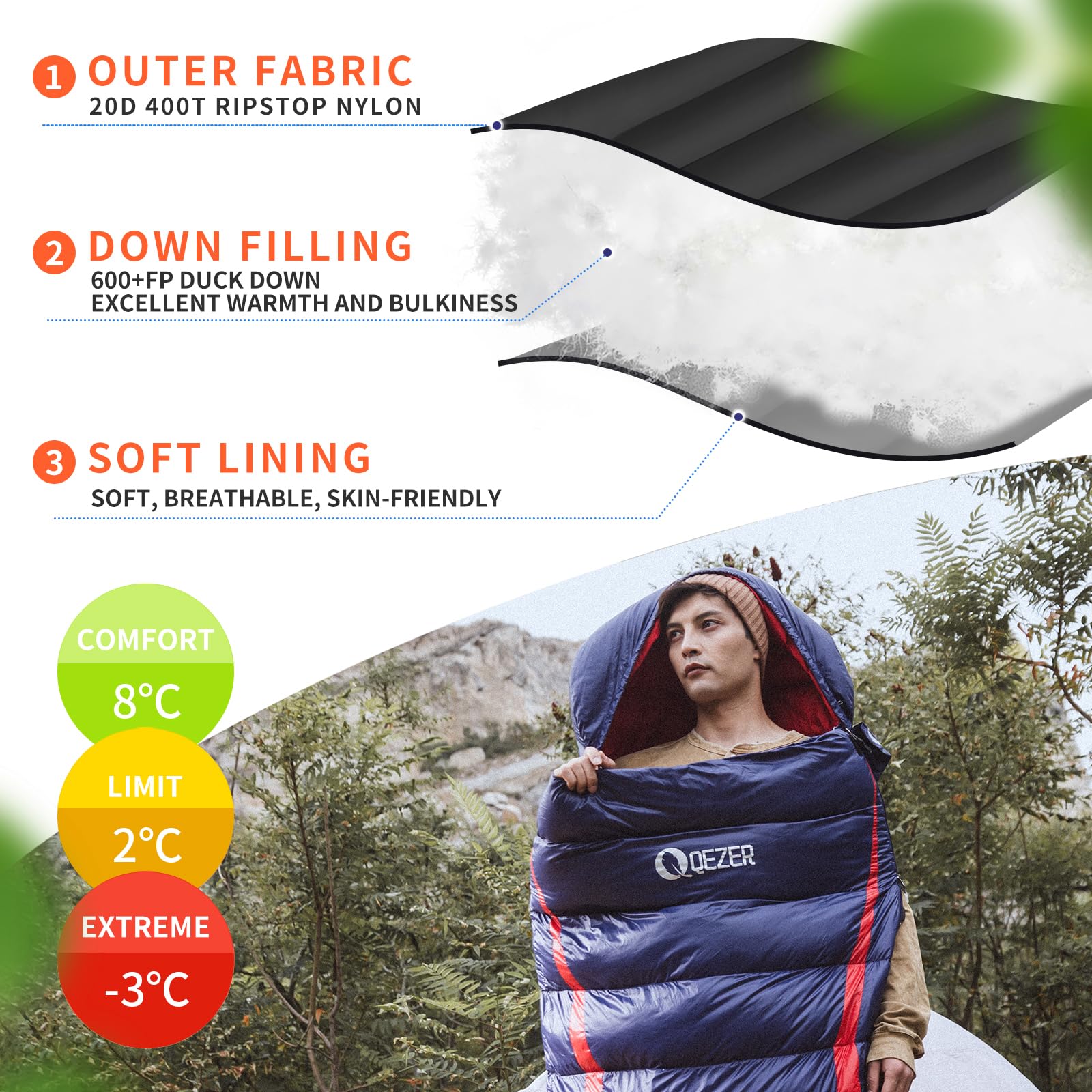 Saco de dormir de plumón, saco de dormir ultraligero de -3 °C a 8 °C para 4 estaciones, camping, mochileros y senderismo, relleno de plumón de pato premium de 600 g