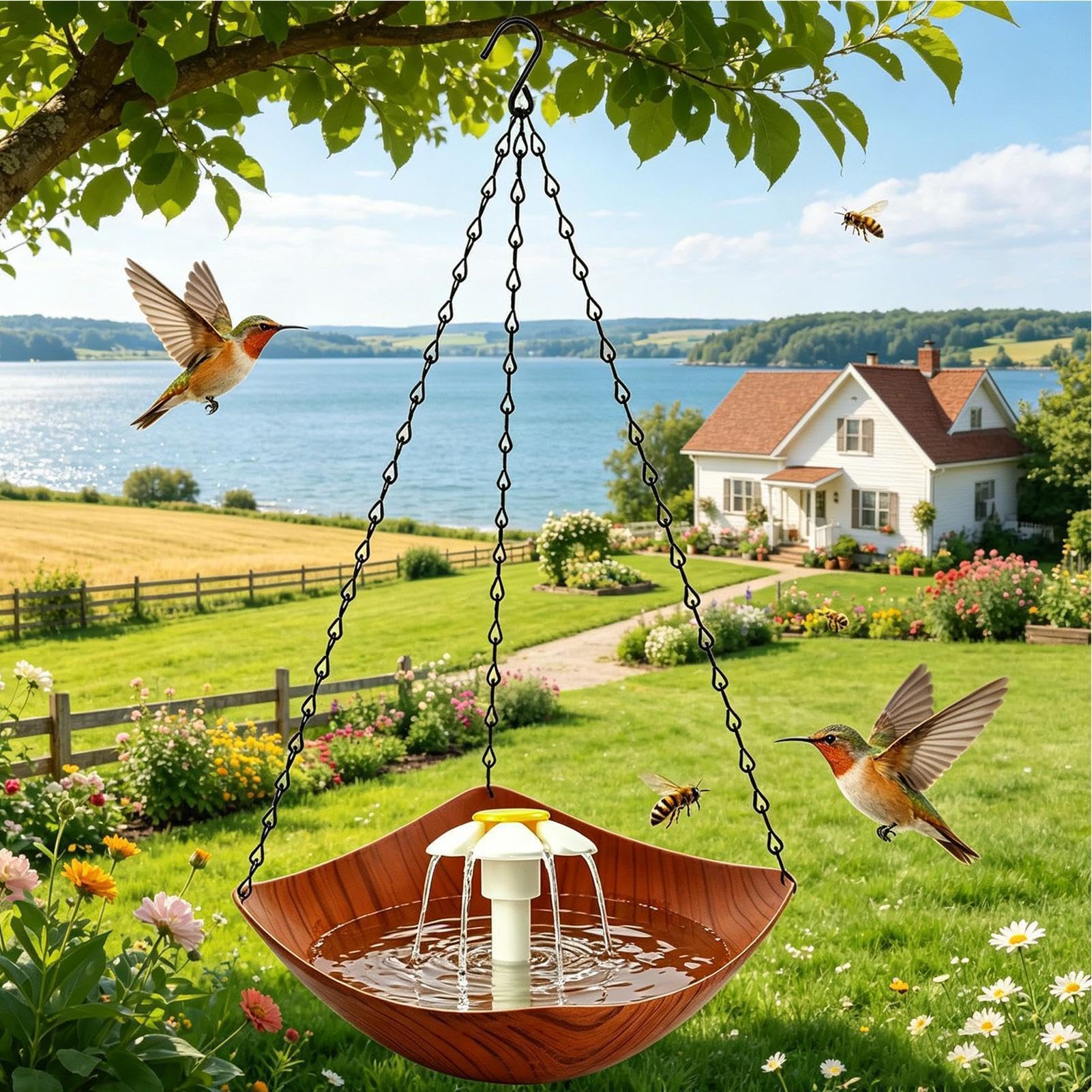 Bain d'Oiseaux Extérieur Abreuvoir Suspendu avec Pompe Solaire | Bassin pour Oiseaux pour Jardin Extérieur Pelouse Arbre Parc Ferme