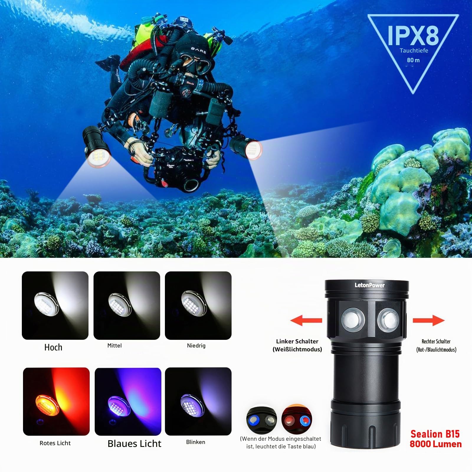 B15 Tauchen Taschenlampe 8000 Lumens Super Bright Underwater 80m Video Light Scuba Dive Light