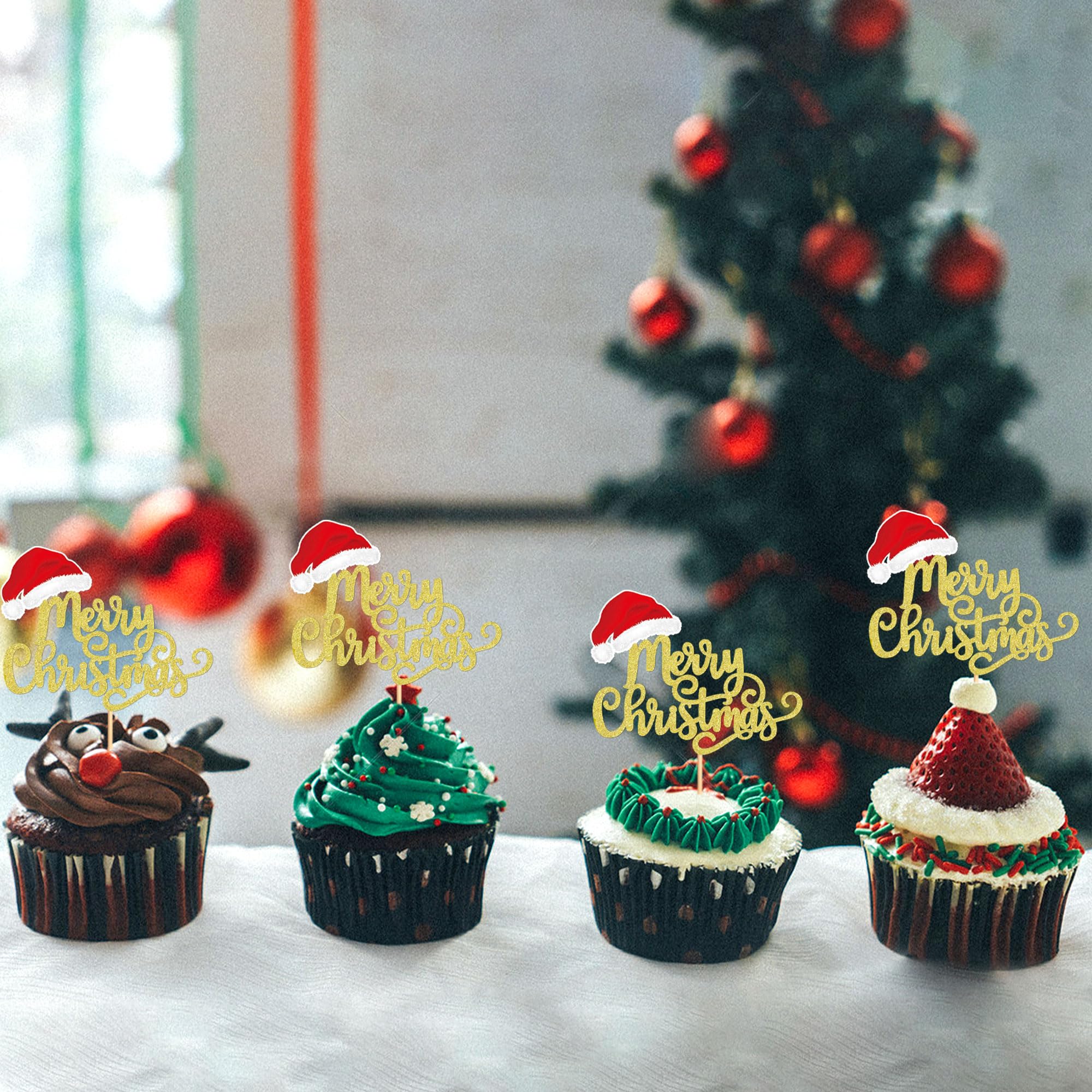 Blumomon 24Pcs Christmas Cupcake Toppers - Gold Glitter Merry Christmas Cake Toppers Toothpick Flags for Cake Decorations and Parties - Image 3