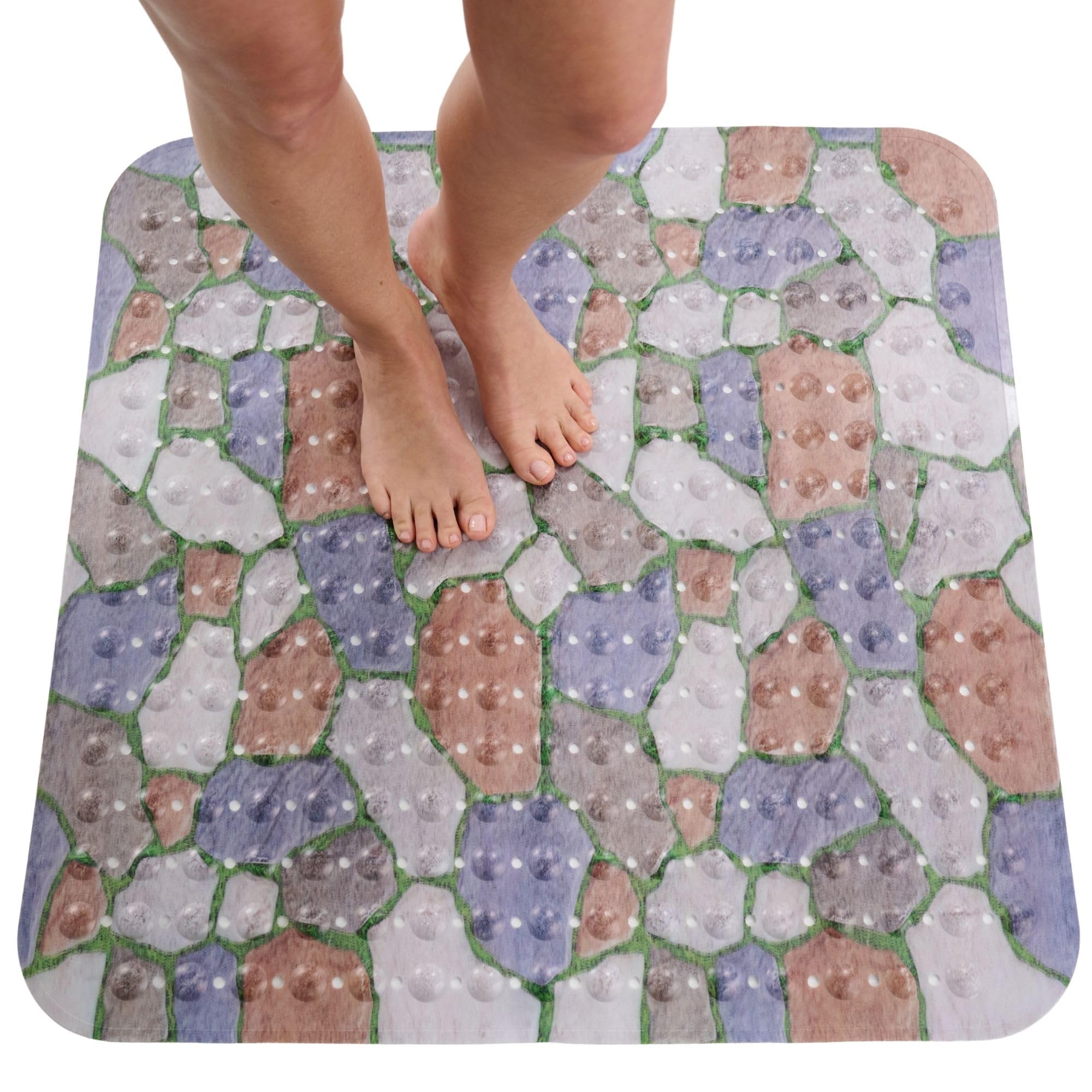 ENKOSI Extra Large Square Non Slip Shower Mat - 31 x 31-inch XL Bathroom Shower Mat - Square Shower Mats for Shower Stall Floors | Secure Suction Cups and Drain Holes (31x31 Stone Path)
