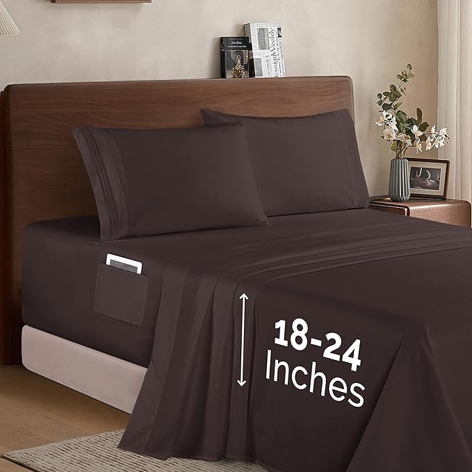 Elegant Comfort Luxury 1500 Premium Hotel Quality Microfiber 4-Piece Sheet Set - Soft, All Around Elastic 18-24 Inches Deep Fitted Sheet - Extra Deep Pocket Sheets, Twin/Twin XL, Chocolate Brown