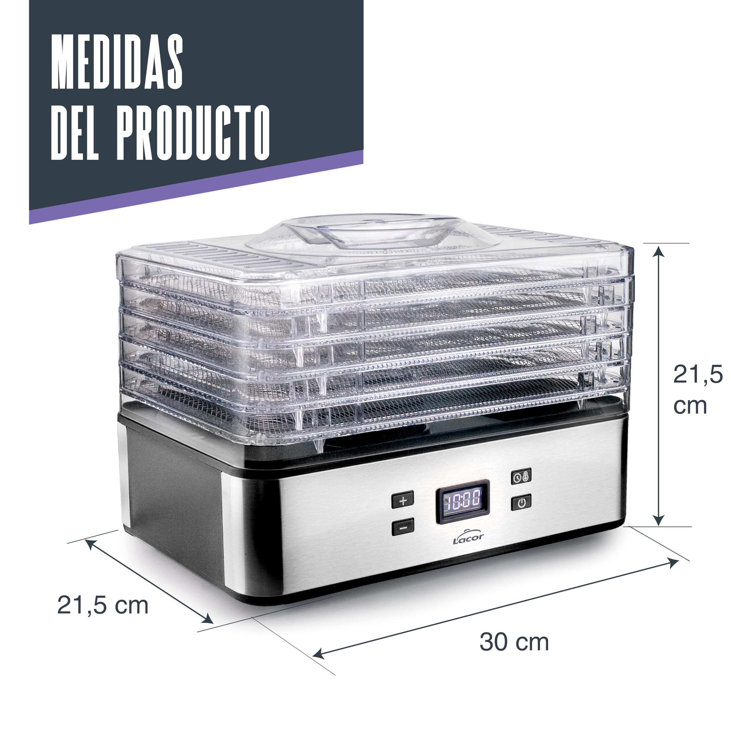 LACOR - 69522 - Deshidratador de Alimentos Eléctrico Bryssa Fruta Carne | 5 rejillas de acero inoxidable regulables; pantalla digital con temporizador; termostato 35-70°C; snacks saludables y setas