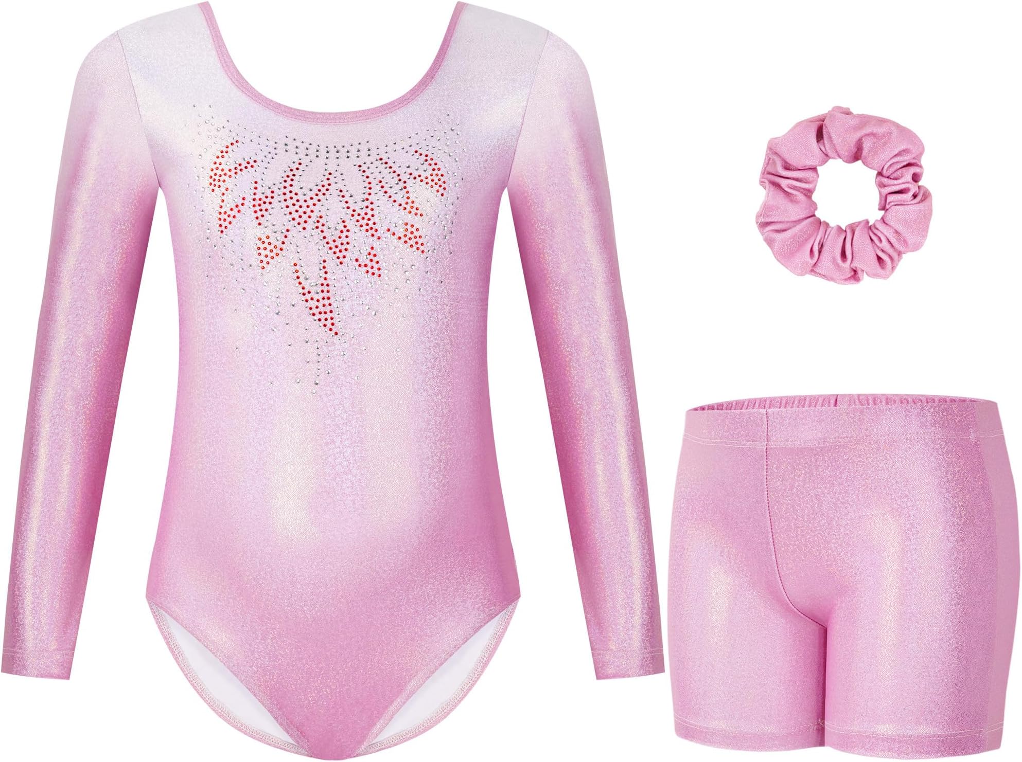 Gogokids Girls Three-Piece Gymnastics Leotards, Long Sleeve Gymnastics Set with Shorts and Hairband, Sparkling Ballet Dancing Unitards - Gymnastics Outfit with Gradient Color Design for 3-12 Years