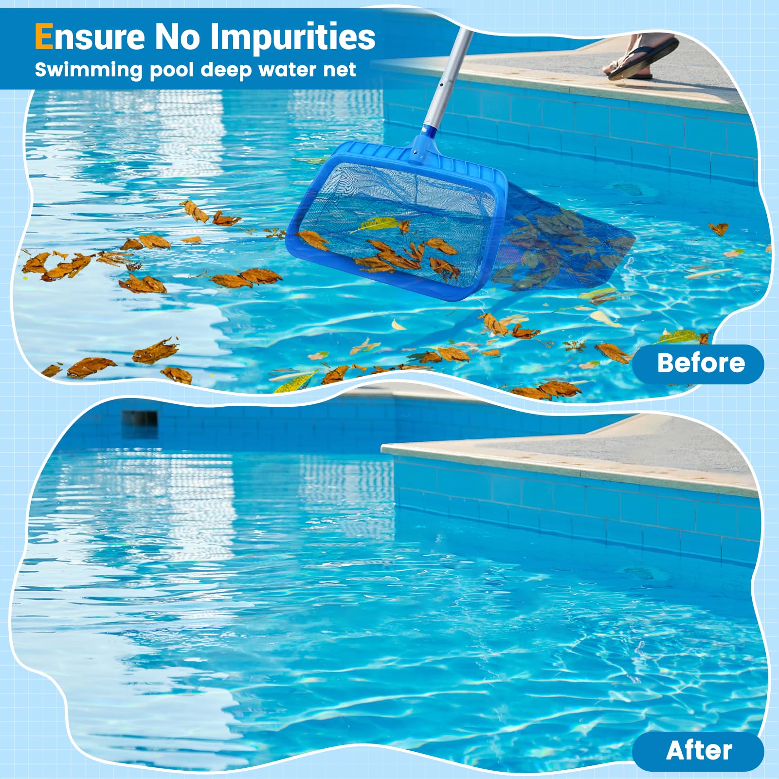 Red de Limpieza de Piscinas, 191cm Servicio Pesado Profundo Recogehojas Piscina Malla Fina Red de Piscina con Poste Telescópico Kit Limpieza Piscina con Cepillo Piscina para Piscina Estanque