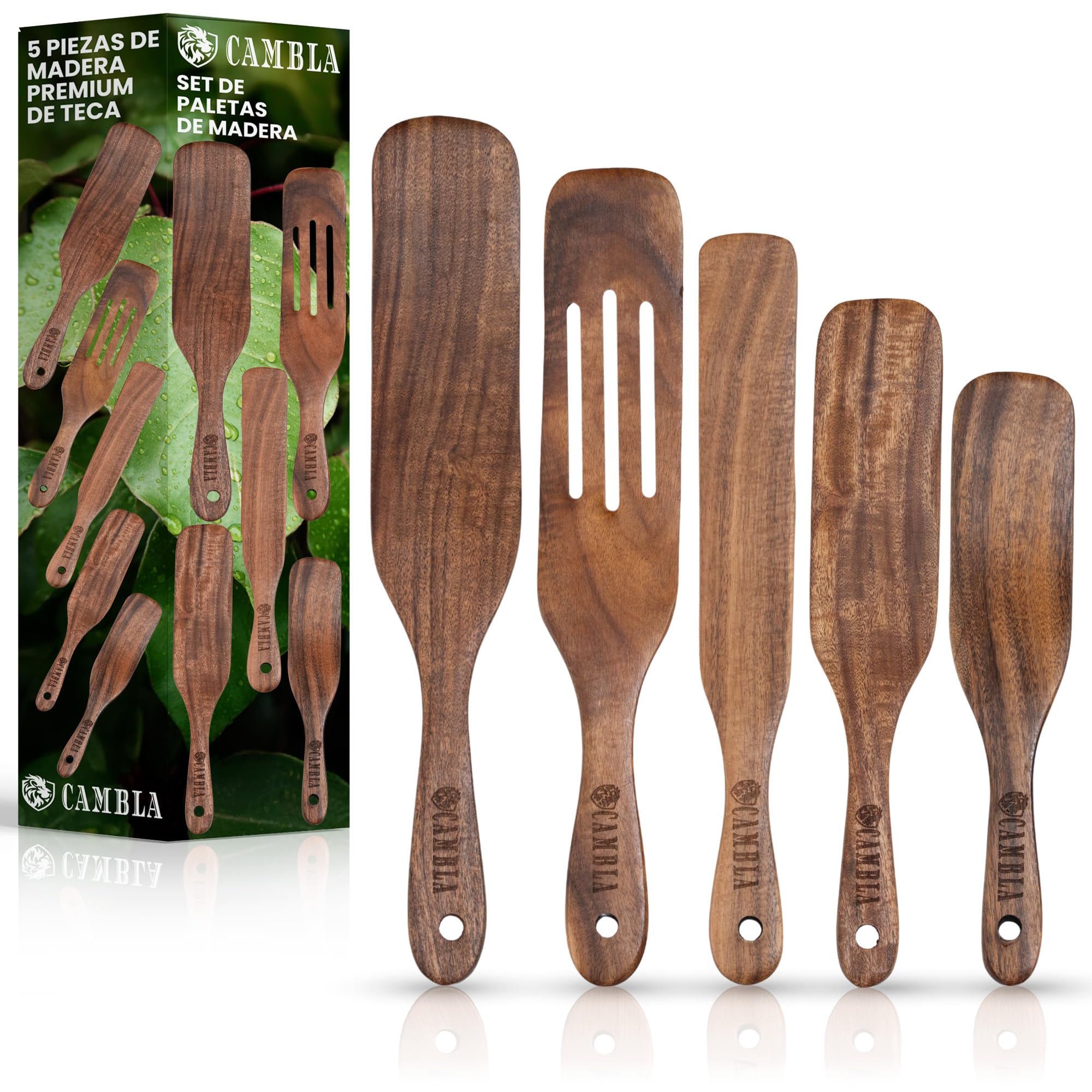 Spatole da cucina in legno - Set di 5 utensili da cucina in legno di teak, resistenti e antiaderenti, ideali per girare, spalmare, servire e mescolare.