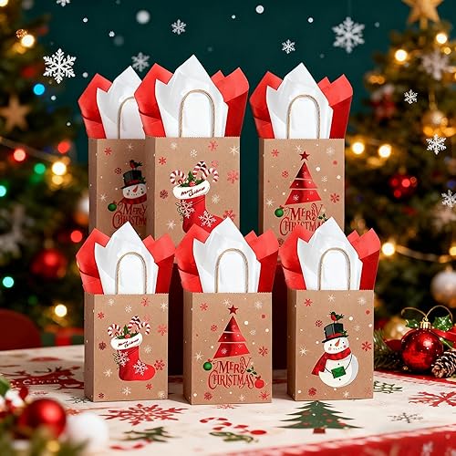 Miniatura 7 de Funrous 16 bolsas de regalo de Navidad a granel con asas y papel de seda, bolsas de golosinas de Navidad para regalos de dulces, envoltura de papel
