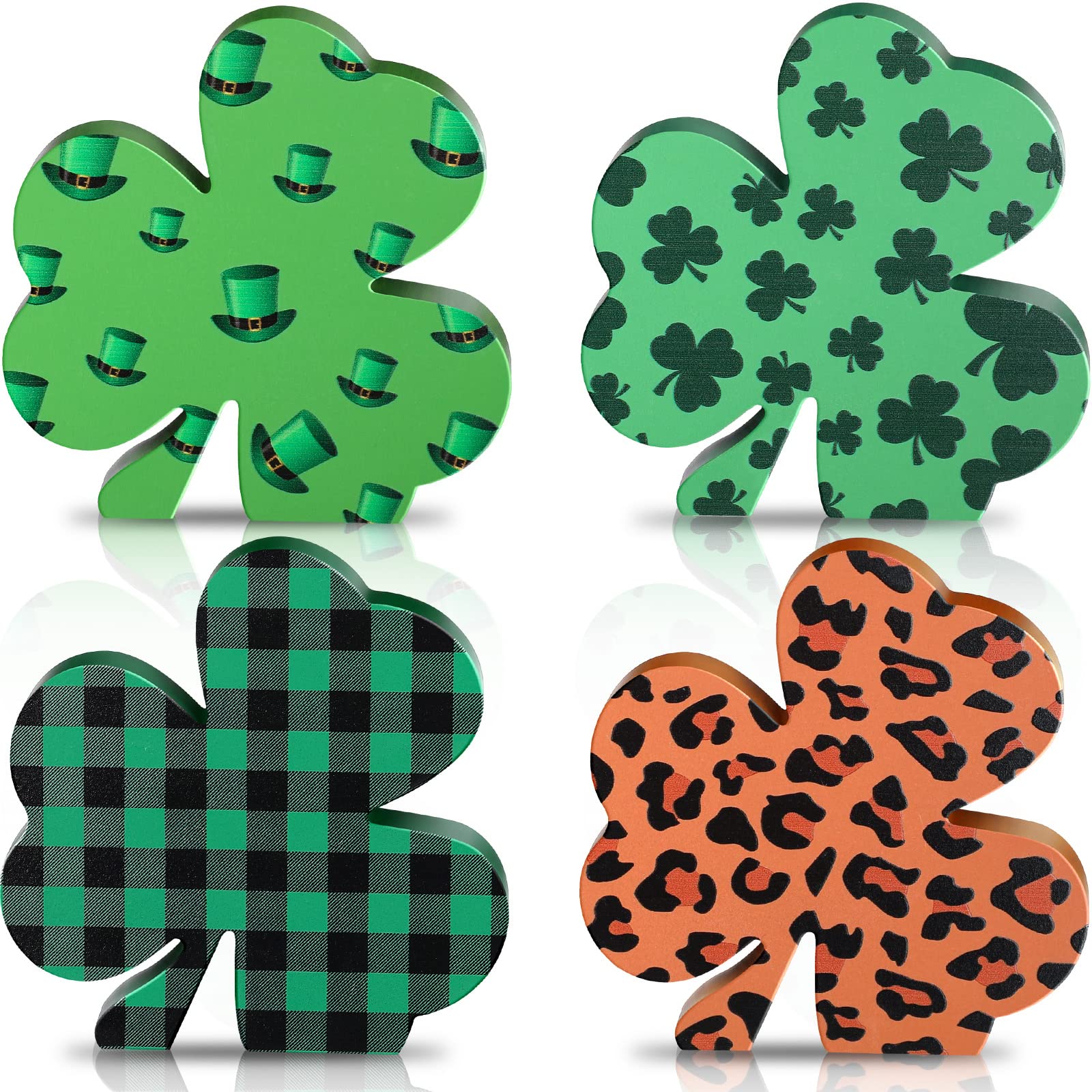 4 Pieces St Patricks Day Table Wooden Signs Shamrock Wooden Signs St. Patrick Table Decorations Irish Lucky Table Centerpiece for Home Fireplace Tiered Tray Decor (Cool Style)