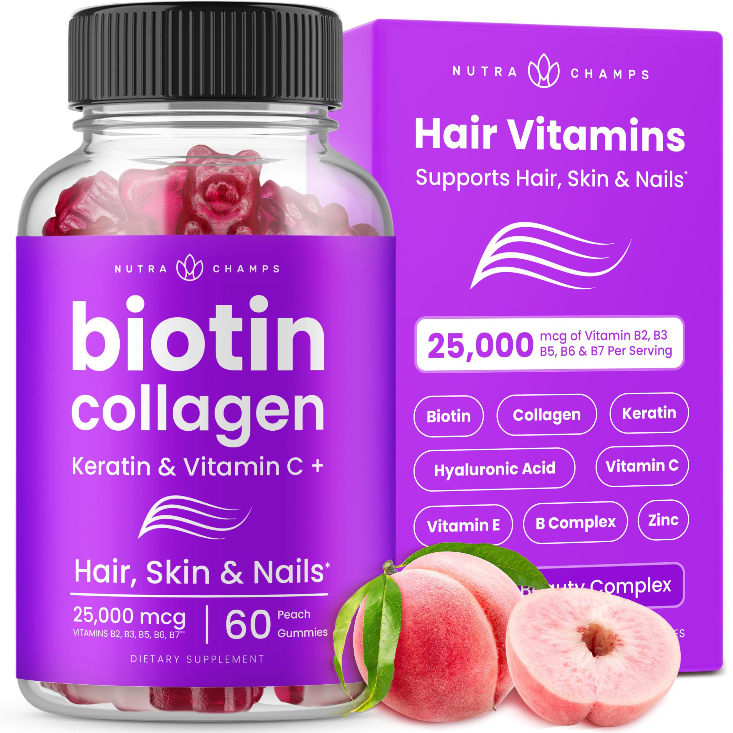 NutraChamps Biotin Gummies 5000mcg with Collagen, Keratin & More