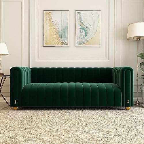 Sofá de terciopelo verde de 81 pulgadas, moderno sofá de mediados de siglo para 3 personas, sofás de terciopelo copetudos Chesterfield para sala de