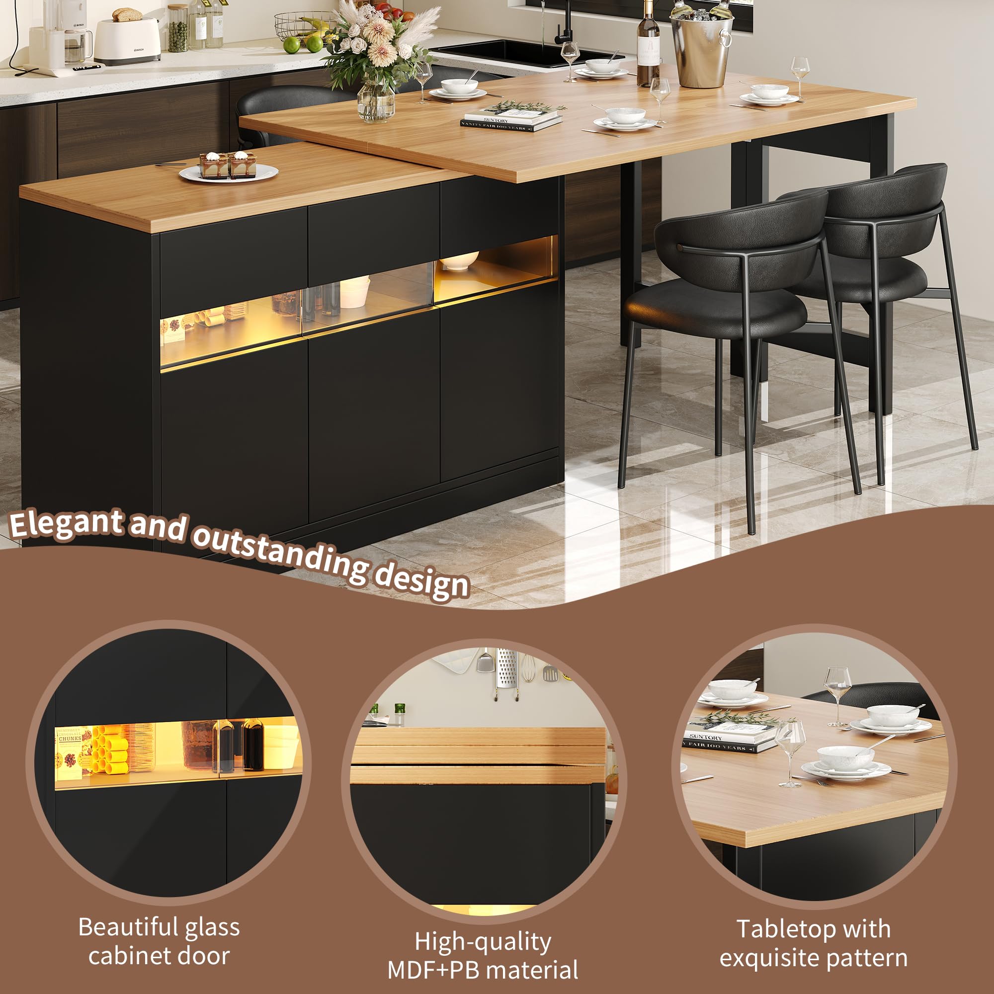 SACOOL Tavolo bar allungabile con illuminazione a LED e rotazione a 360°, lunghezza regolabile 120-180 cm, moderno tavolo isola cucina con spazio di archiviazione, per soggiorno, sala da pranzo, home