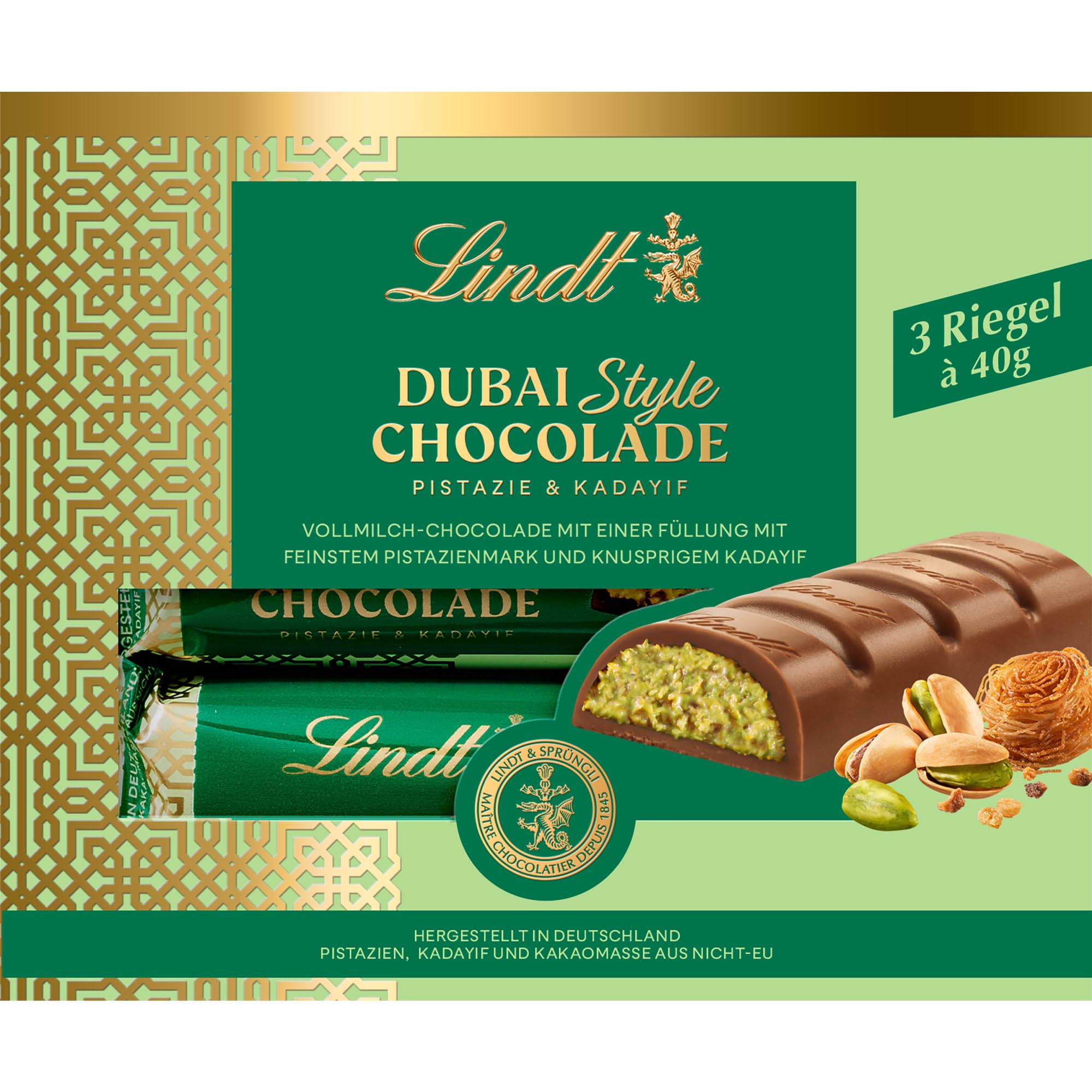 Lindt Dubai Style Riegel Multipack | 3x40g Riegel | Feinste Vollmilch-Schocolade mit feinster Pistazienmark, Pistazien- und Mandelkrokant und knuspriger Kadayif Füllung | Schokoladengeschenk