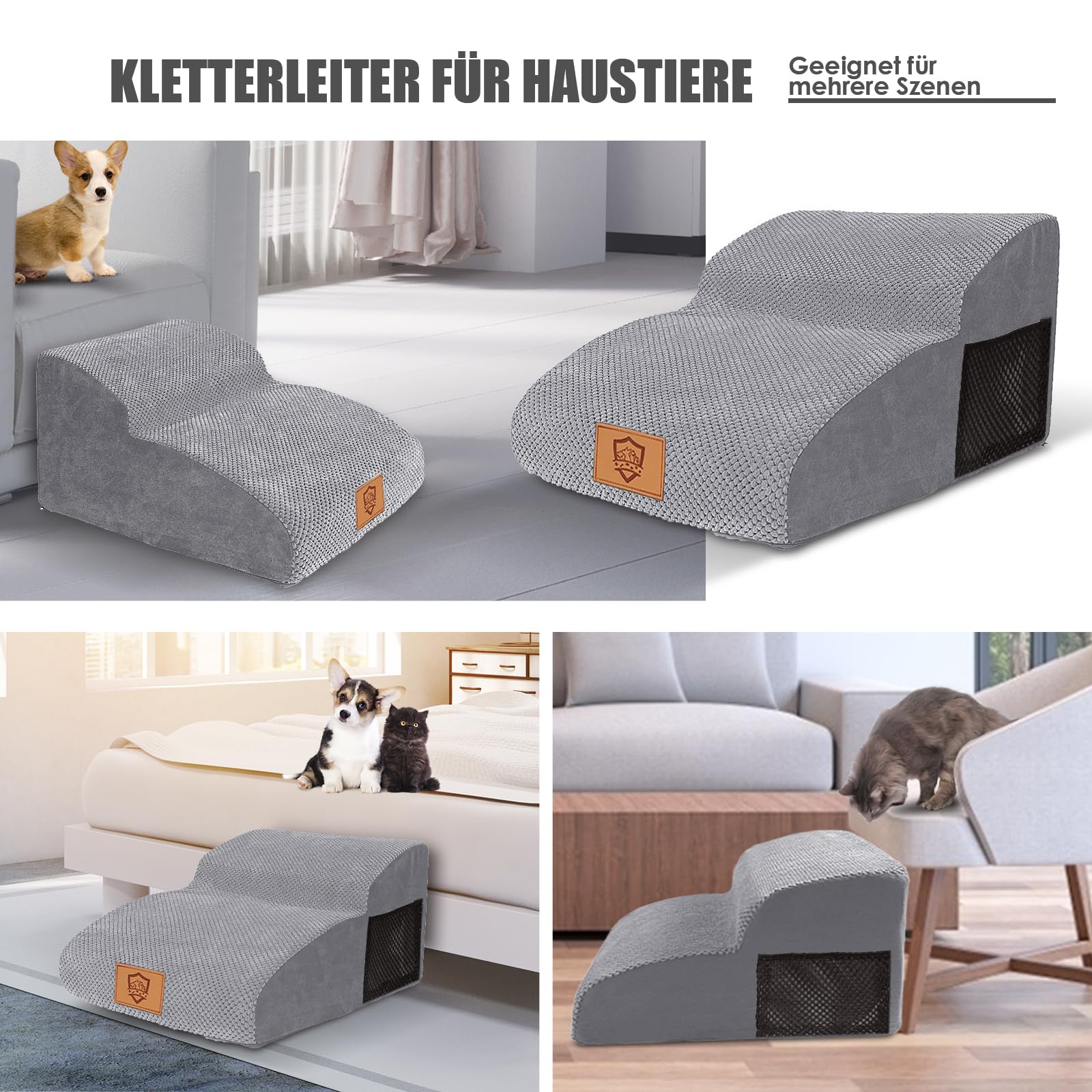 Myiosus Scaletta per Cani 2 Gradini, Scaletta per Cani Piccola Taglia, Scala per Animali Domestici in Schiuma per Divano e Letto, Antiscivolo, Impermeabile, Rimovibile, Lavabile, Grigio