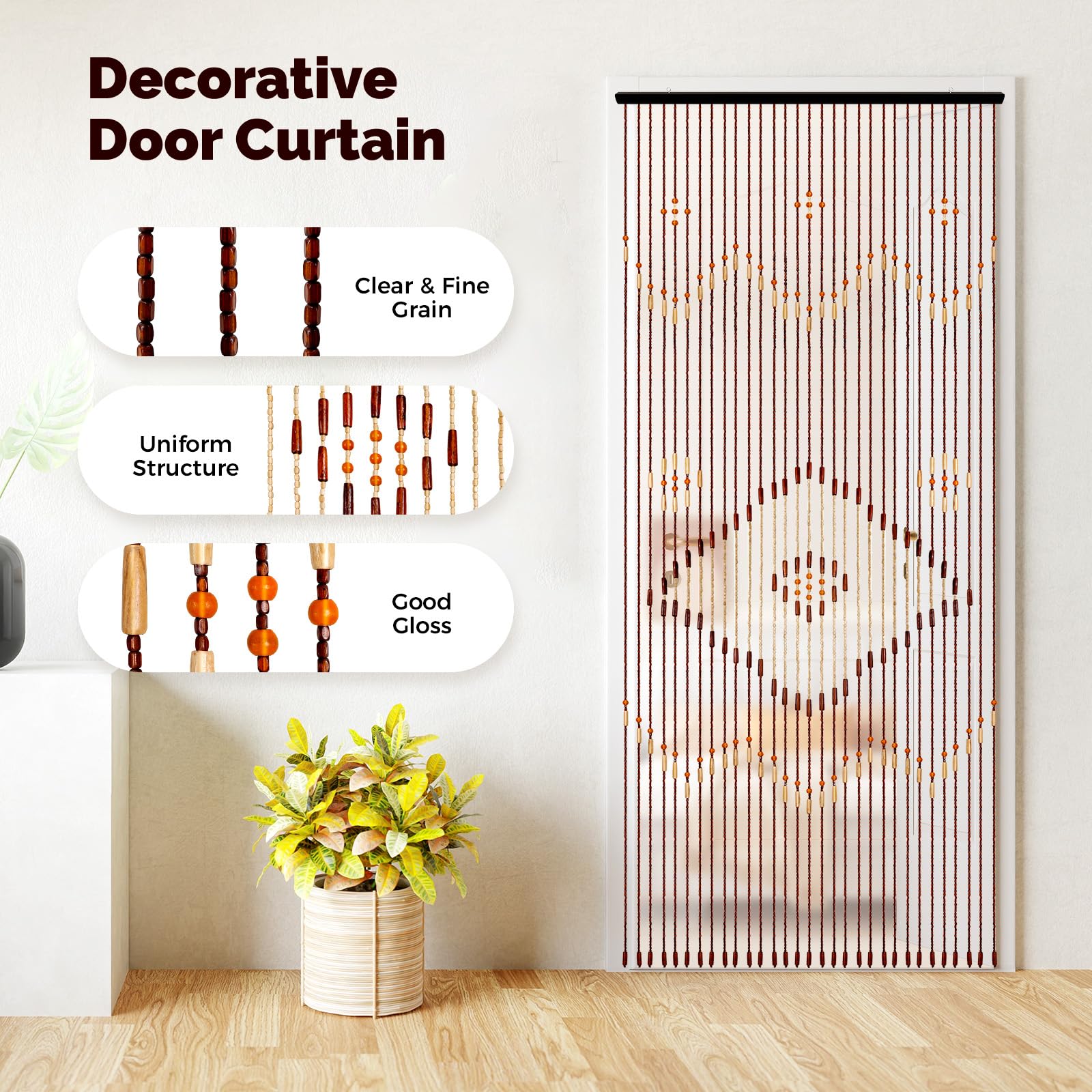 Deko Rideau de porte à perles en bois - 90 x 208 cm - Rideau de perles en bois - Rideau naturel à perles en bois - Rideau à fils - Anti-insectes - Rideau de perles en bois