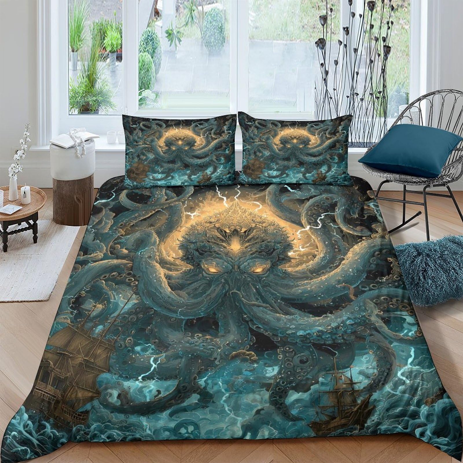 GPLZQXKJNH 3D Printed Octopus Tentacle Duvet Cover Set Microfiber Soft Breathable Underwater Creature Bedding with 2 Pillowcases for Bedroom Single（135x200cm）