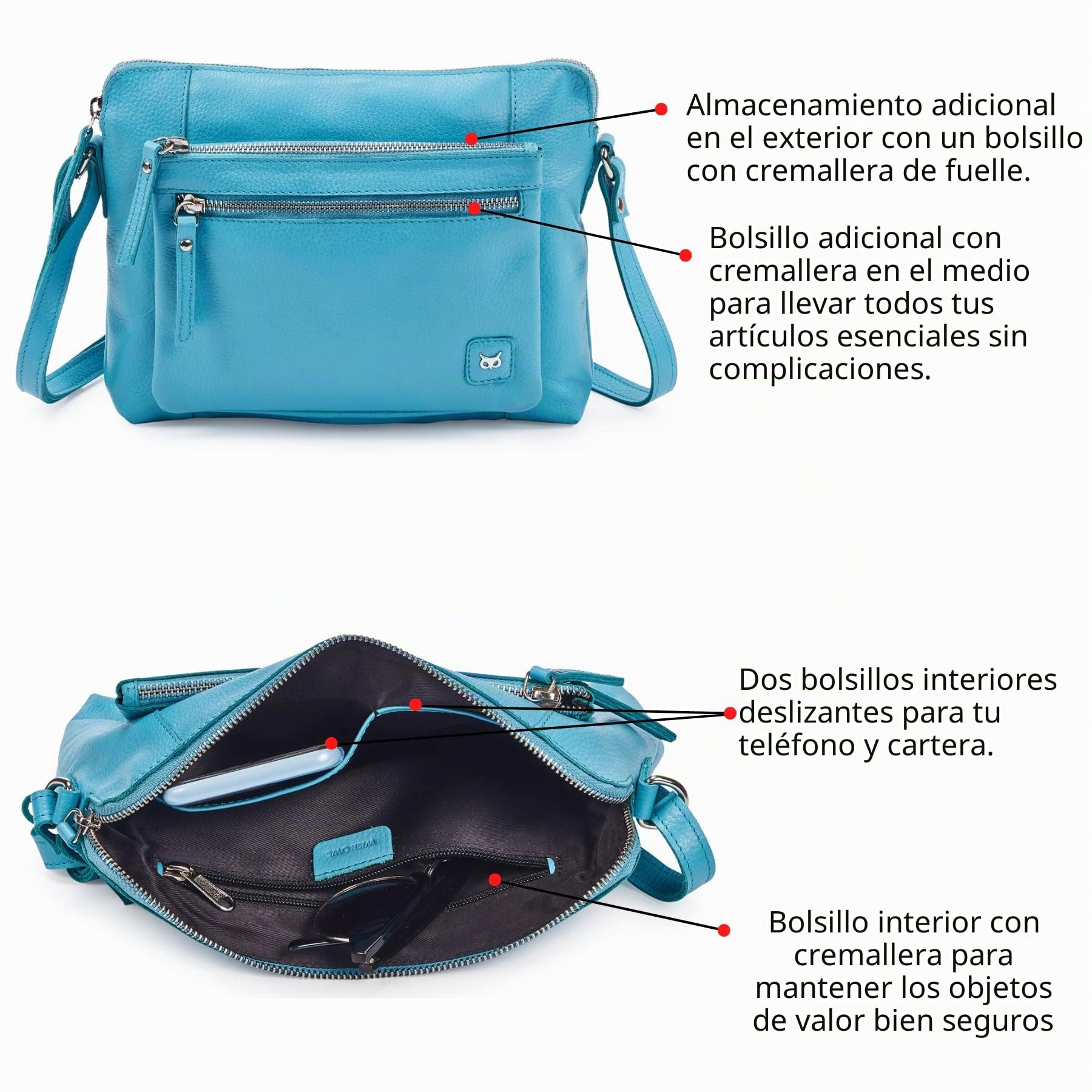 Wise Owl Accessories Bolso bandolera de cuero genuino granulado, modelo compacto unisex con bolsillos cremallera, ideal para viajes, uso diario y organización