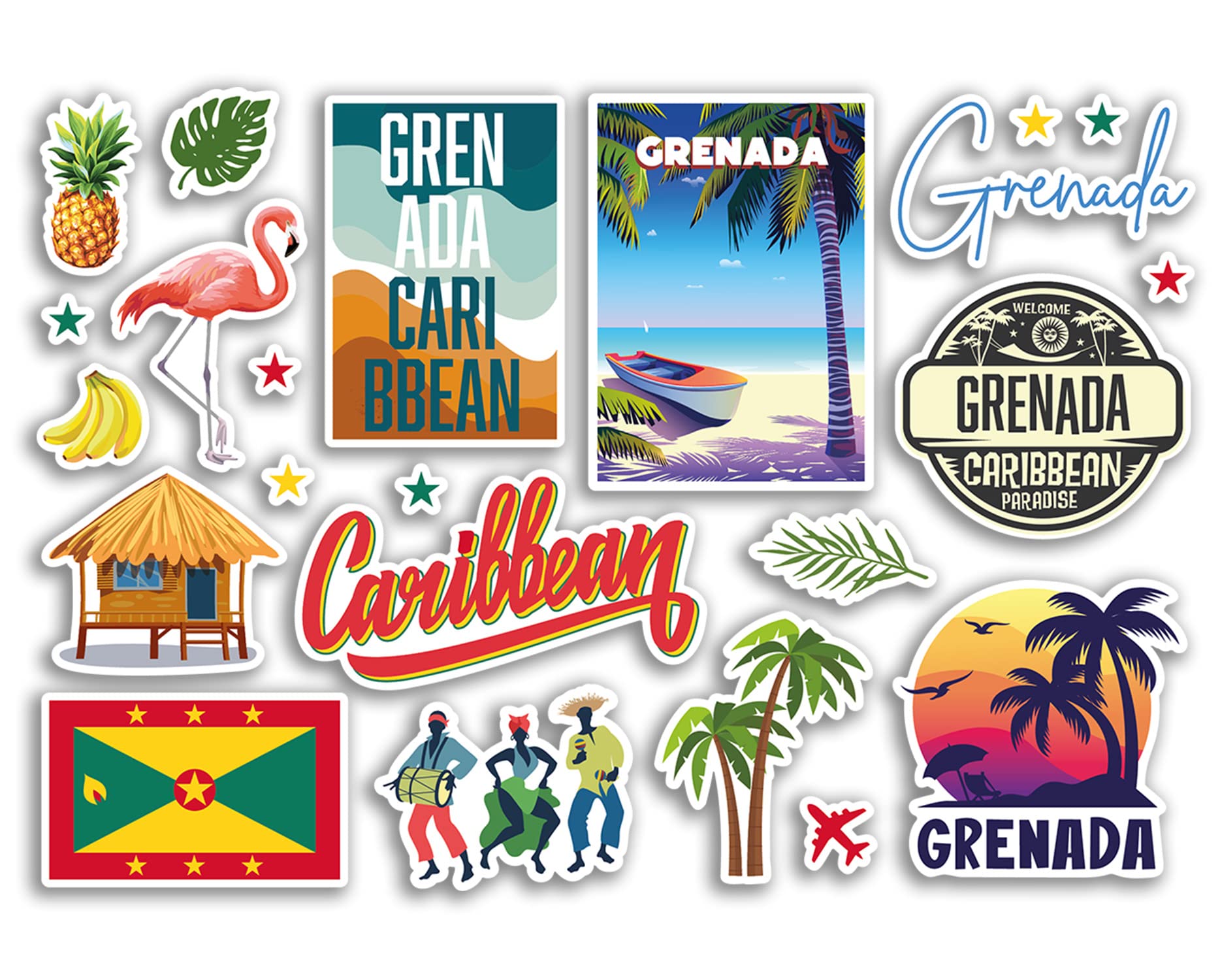 Dv Design Multi A5 Sticker Sheet Grenada Landmarks Vinyl Stickers - Caribbean Beach Summer Tropical Coast Flamingo Airport Stamps Skyline Flag Map Travel Holiday Scrapbooking Luggage #79214