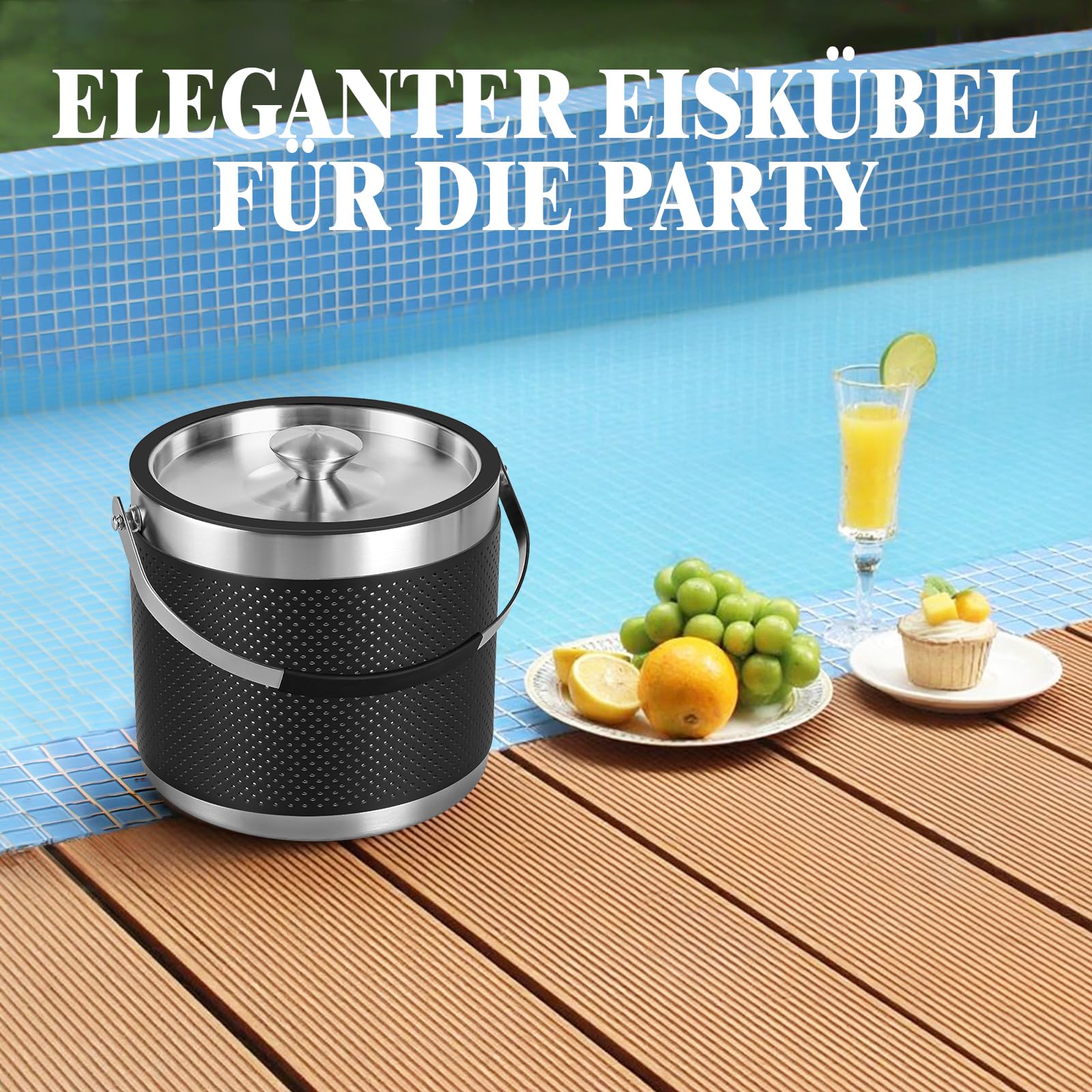 3.2L Eiswürfelbehälter mit Deckel und Schaufel, Upgrade Lederdesign Edelstahl Eiskübel, Doppelwandiger Isolierter Eisbehälter für Cocktailbar und Party (Schwarz)