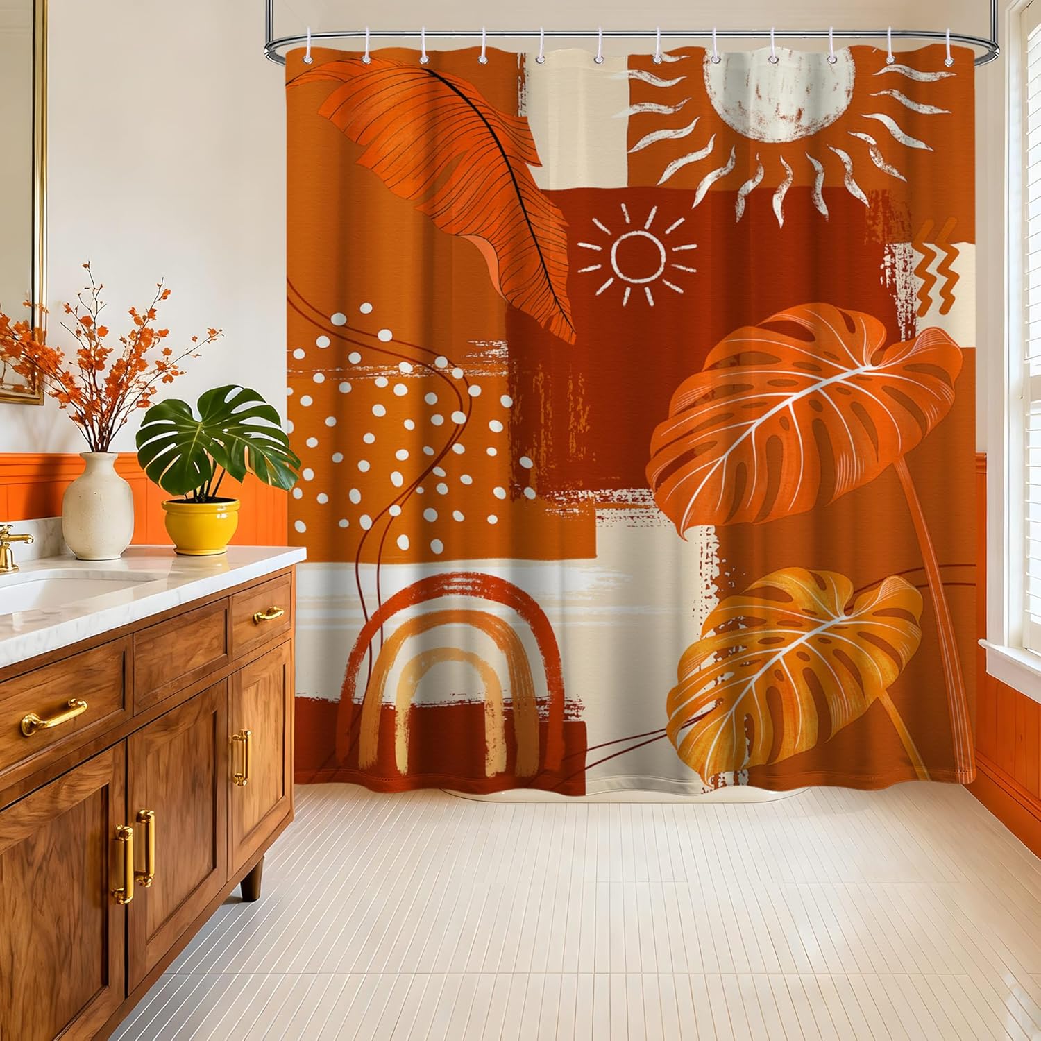 Burnt Orange Mid Century Modern Shower Curtain Bohemian Abstract Leaf Shower Curtains for Bathroom Decor Sets, Waterproof Cloth Fabric with Hooks, 70x72 Inch