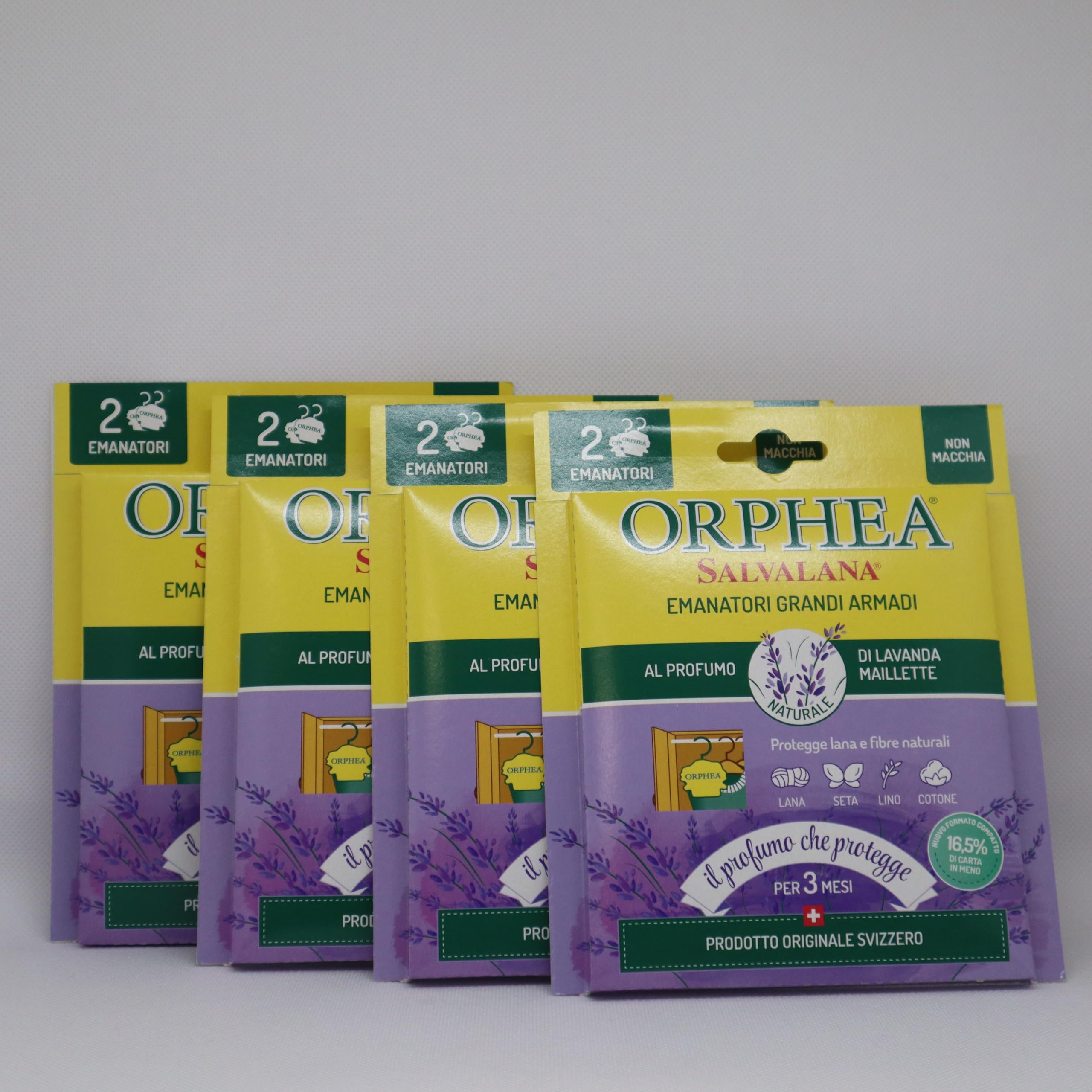 Orphea 4X Salvalana Emanatori Grandi Armadi Protegge Lana e Fibre Naturali al Profumo di Lavanda Maillette - 4 Confezioni da 2 Emanatori Ognuna
