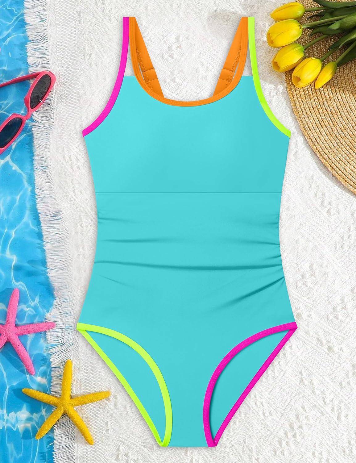 CRISONE Girl Swimsuit One Piece Bathing Suit for Girls Color Block and Contrasting Trim Swimwear 9-16 Years