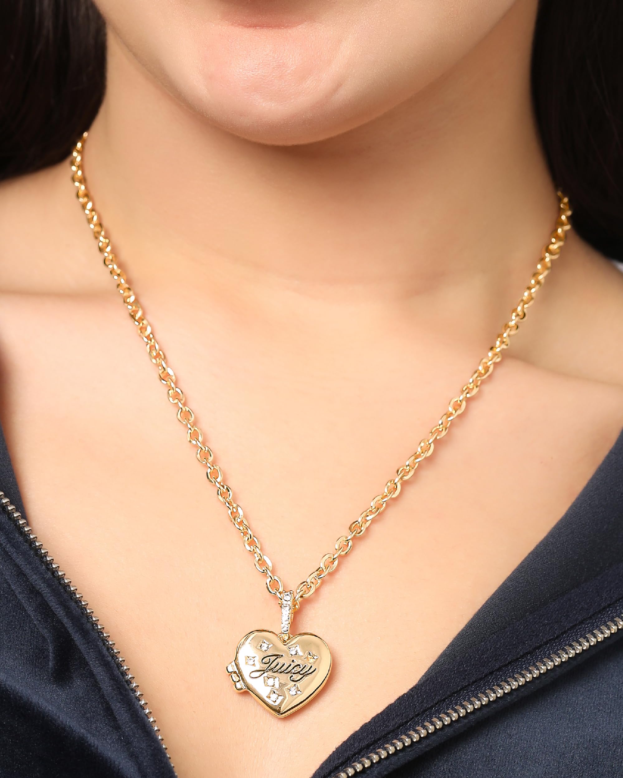 Juicy Couture Heart Locket Necklace for Women 18"+2", Gold-Tone Constellation Heart Necklace with Clear Stones and Logo