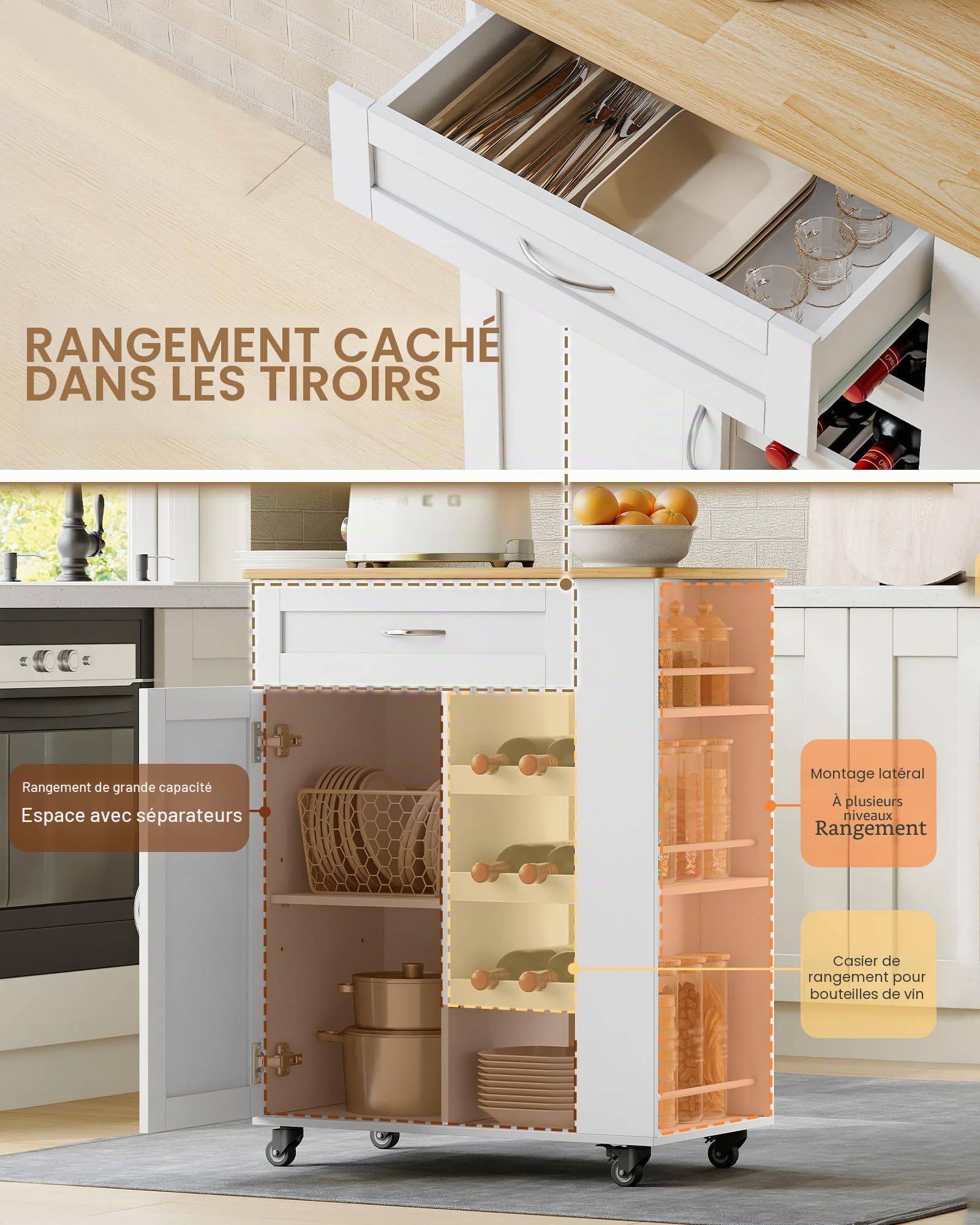 Hzuaneri Chariot de Rangement à 3 Niveaux, Étagère de Cuisine, Chariot de Cuisine à roulettes, Casier à Vin, pour Les Cuisines, Les Salons et Les Salles à Manger, 68 × 86 × 40 cm, Blanc ST03003W