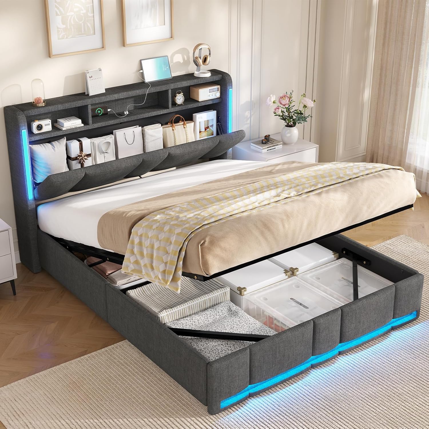 AOGLLATI Letto Matrimoniale Contenitore 140x190 cm con Sollevamento Idraulico, Letto Imbottito con Illuminazione a LED e Stazione di Ricarica, Struttura Letto con Testiera Imbottita, Grigio Scuro