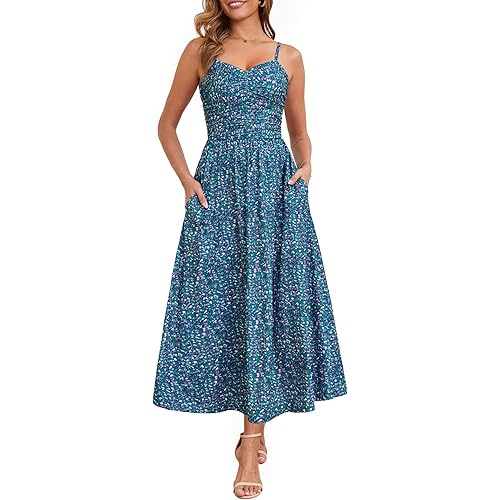 Annebouti Women 2025 Summer Fall Ruched Maxi Dress Adjustable Spaghetti Strap Floral Beach Long Sundress with Pockets