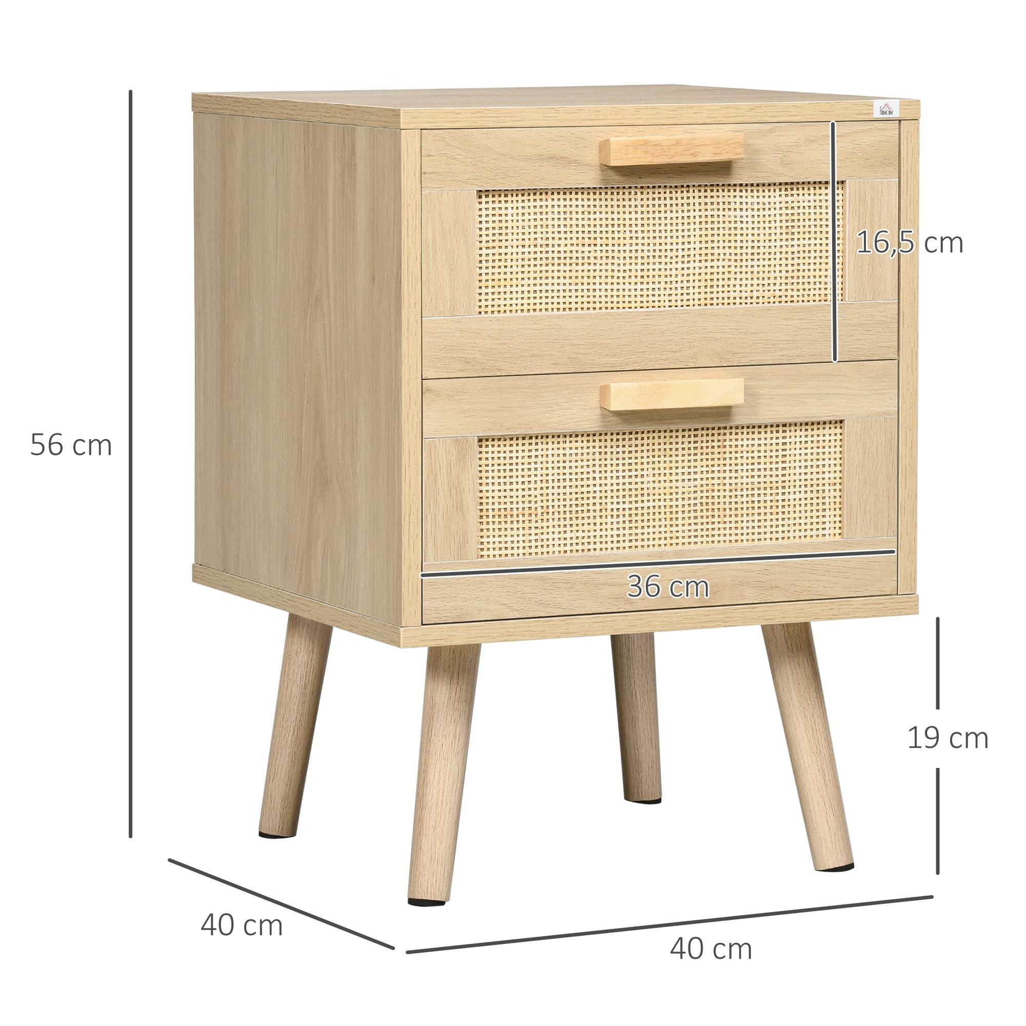 HOMCOM Mesita de Noche de Diseño Boho Mesilla de Noche con 2 Cajones de Rejilla y Patas de Madera para Salón Dormitorio 40x40x56 cm Natural