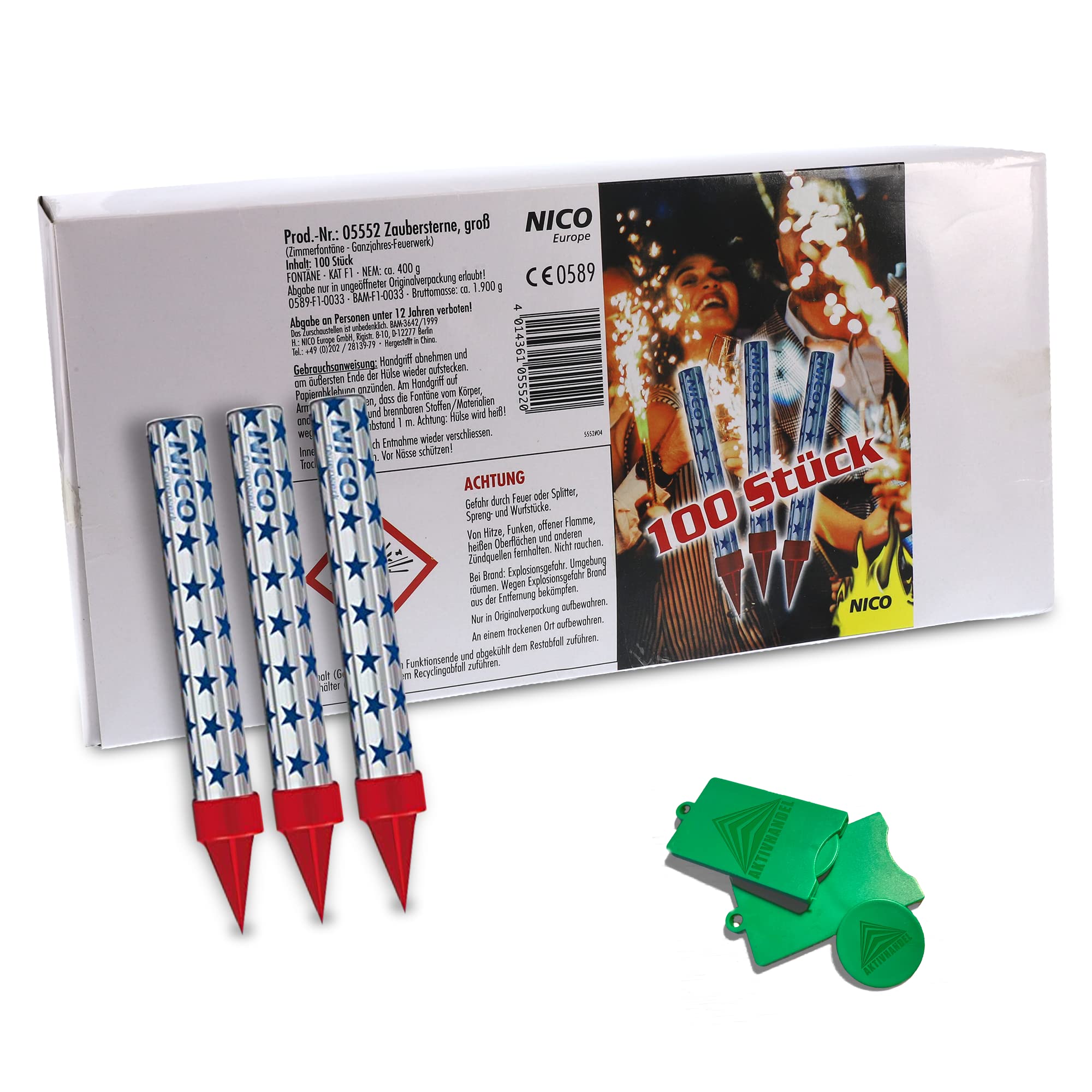 100 Zaubersterne, Fontänen für Torten und Kuchen, für drinnen und draußen, Zimmerfontänen, 50 Sekunden Brenndauer, Kat F1 Feuerwerk inkl. Einkaufswagenchip