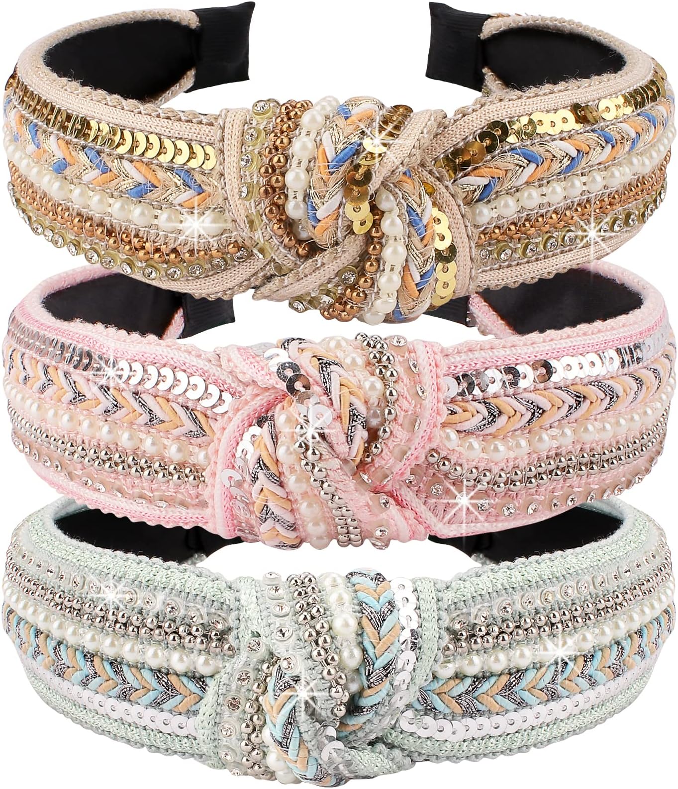 TOBATOBA Knotted Headbands for Women, 3 Pack Rhinestones Pearl Beaded Headbands, Top Knot Boho Head bands, Wide Turban Crystal Pearl Sequin Head bands, Vintage Non Slip Diamond Beaded Bling Hair Band