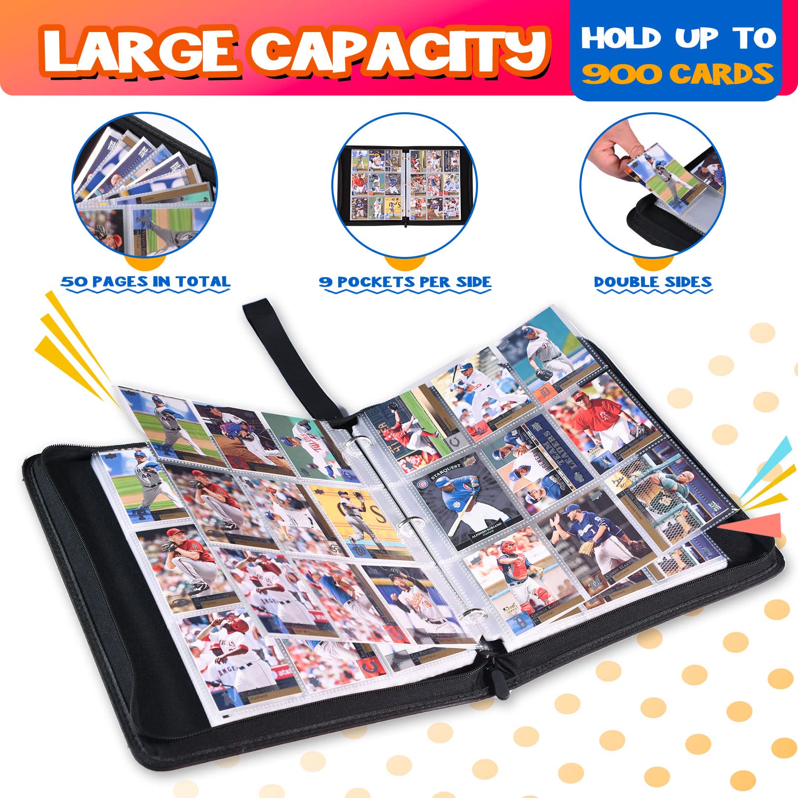 DYFAIS Baseball Card Binder with Sleeves 900 Pockets- Premium PU Leather, Double Sided- Trading Card Storage/Ring Holder Organizer Album for MTG, TCG, Sports Cards, Baseball Gifts