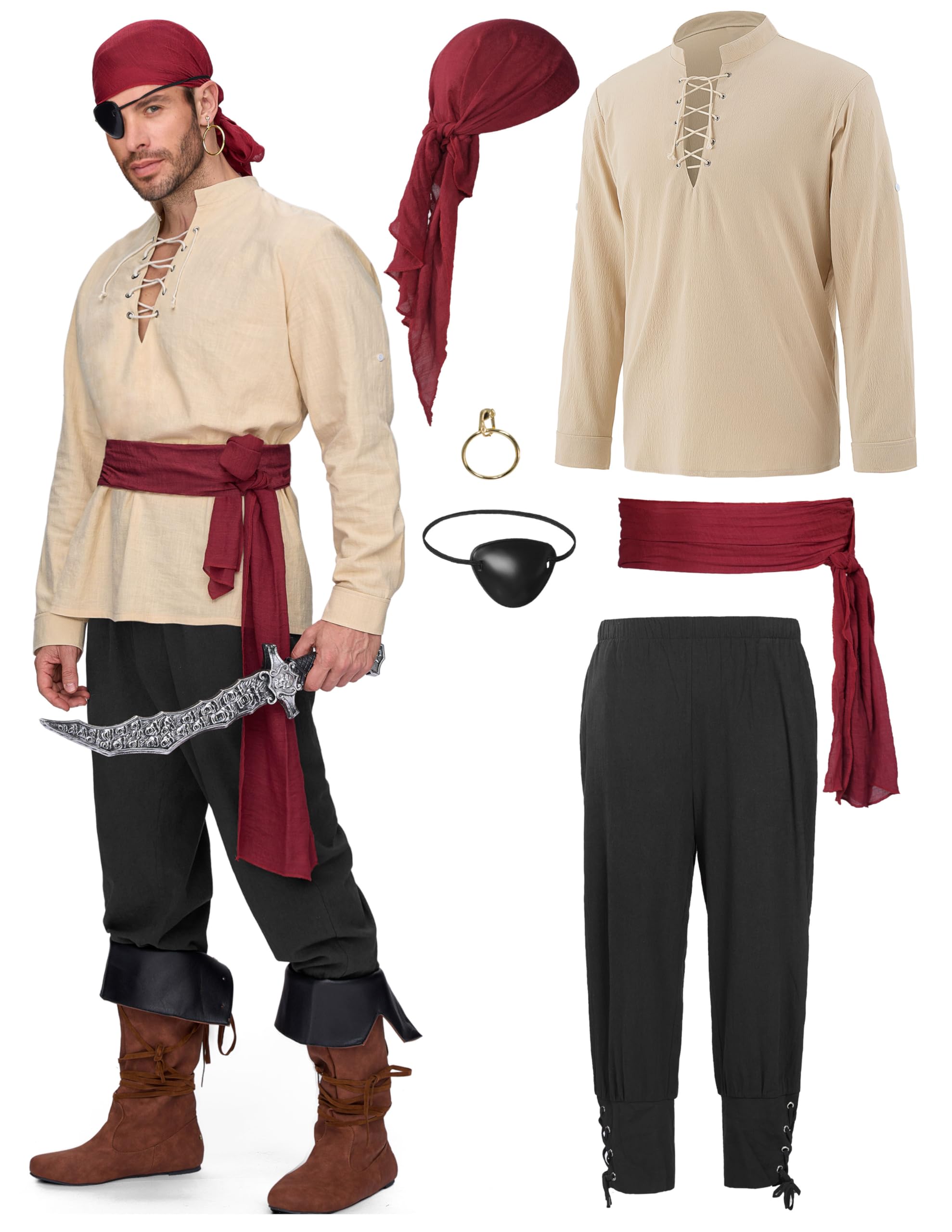 Spooktacular Creations Mens Pirate Costume 6 Pieces Beige Black Viking Shirt Pants with Sash Eye Patch Bandana Belt Earrings for Halloween