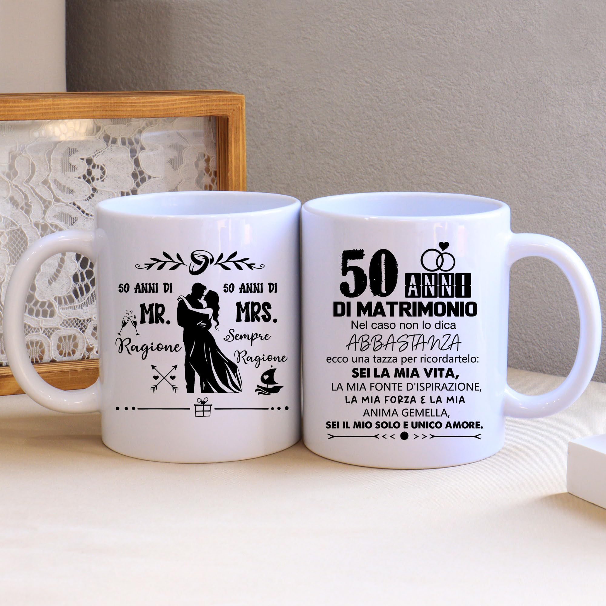 FALJIOK Set Di 2 Tazze Per 50° Anniversario Di Matrimonio, 325 Ml, Con Scritte 'Mr Right' E 'Mrs Always Right', Regalo In Scatola - 3
