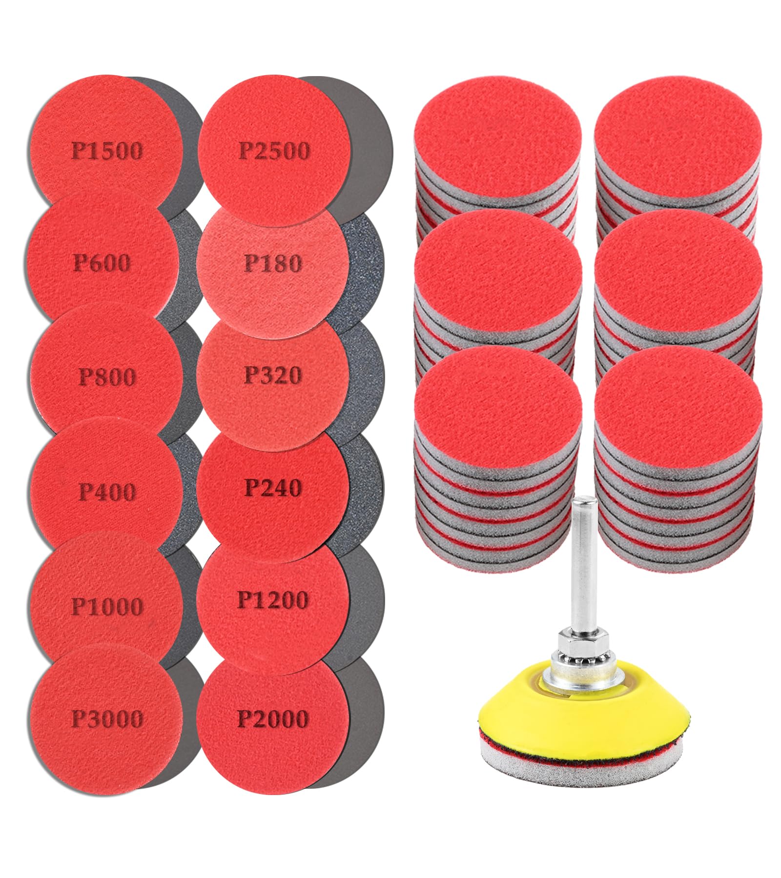 96Pcs 2-inch sanding pads, 12 grit sizes: 8 discs each of 180 to 3000 grit